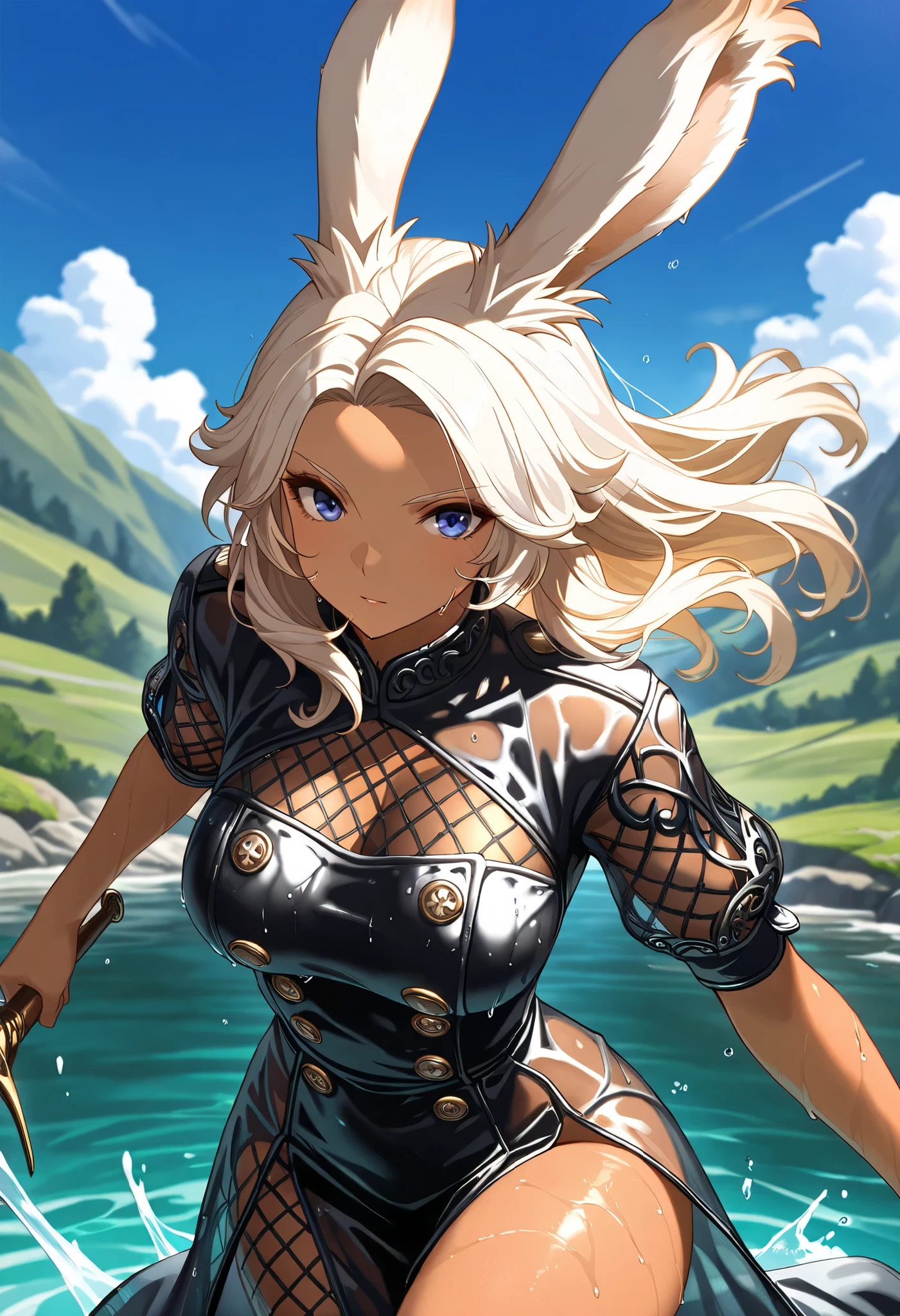 (((( Masterpiece)))), (((( top quality)))), high resolution,fine grain, detailed face, wet,Viera,transparent dress,, action, big breasted with a cross eye