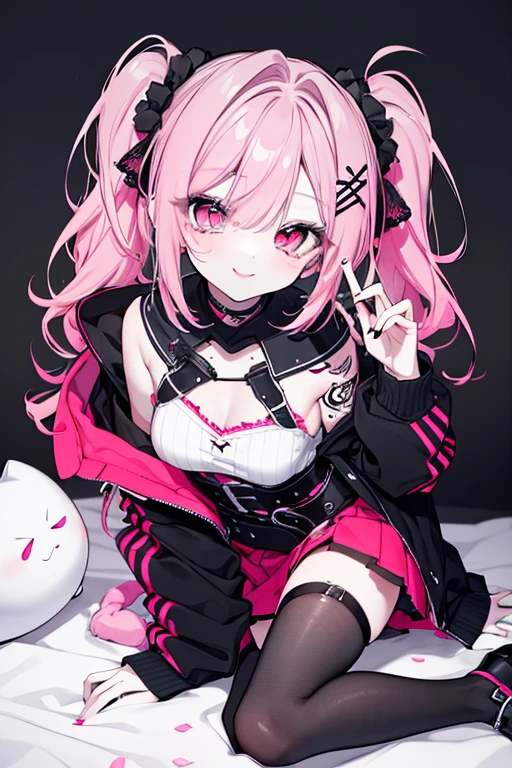 ,beautiful flower々),mole under eye, heart shaped choker, (masterpiece, highest quality), official art, beautiful and aesthetic: 1.2), (1 girl), very detailed, (geometry art: 1.3), colorful、pink bob hair、bear ears、 whole body、black jumper、pink mini skirt、knee high boots