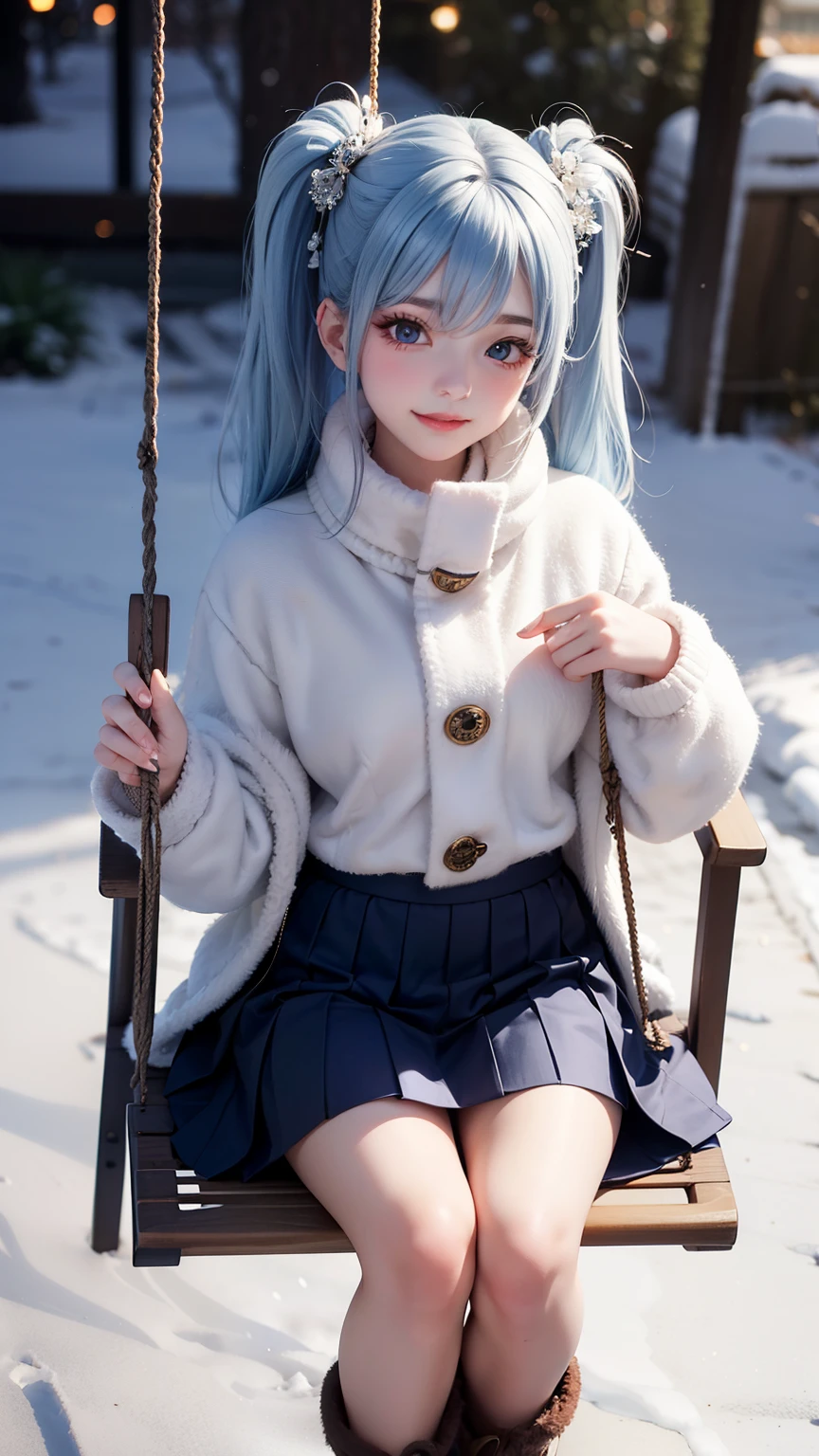 A hyper-realistic, ultra-detailed full-body 3D-rendered image of a -yeld Jaese girl named Kanon. She has a delicate, youthful face with a well-defined, softly contoured jawline, giving her a gentle yet elegant appearance. Her large, expressive light blue eyes shimmer subtly, framed by long, thick dark eyelashes that enhance their depth and natural beauty. Her slightly arched eyebrows complement her eye shape, adding a touch of refinement. Her cheeks have a soft, natural blush, slightly more pronounced due to the cold winter air. Her small, well-proportioned nose and full, rosy lips curve into a warm and inviting smile.
Kanon's signature soft blue hair cascades smoothly in long twin tails, tied with cozy white fluffy ribbons. Her light blue hair is silky and smooth, with natural highlights reflecting soft ambient lighting. Each strand is meticulously rendered, giving her hair a soft and weightless effect. Some loose strands gently fall around her face, moving naturally in the cold breeze.
She is wearing a cozy and stylish winter outfit, featuring a light blue woolen coat with elegant silver buttons and a subtle fur-trimmed collar. The coat is fitted at the waist, giving a sophisticated and flattering silhouette. Underneath, a white knitted turtleneck sweater peeks out, adding extra warmth and texture. A soft, fluffy white scarf is wrapped around her neck, slightly lifted by the breeze. She wears a pleated navy-blue winter skirt, paired with thigh-high white woolen socks and elegant black winter boots lined with soft fur.
Her pose is relaxed yet playful, as she sits gently on a wooden swing covered with a thin layer of frost, hanging from an old metal frame in a snowy park. One hand lightly grasps the swing's rope while the other rests on her lap, her fingers curled slightly due to the cold. Her legs are slightly apart, one foot resting gently on the snowy ground while the other hovers slightly, a