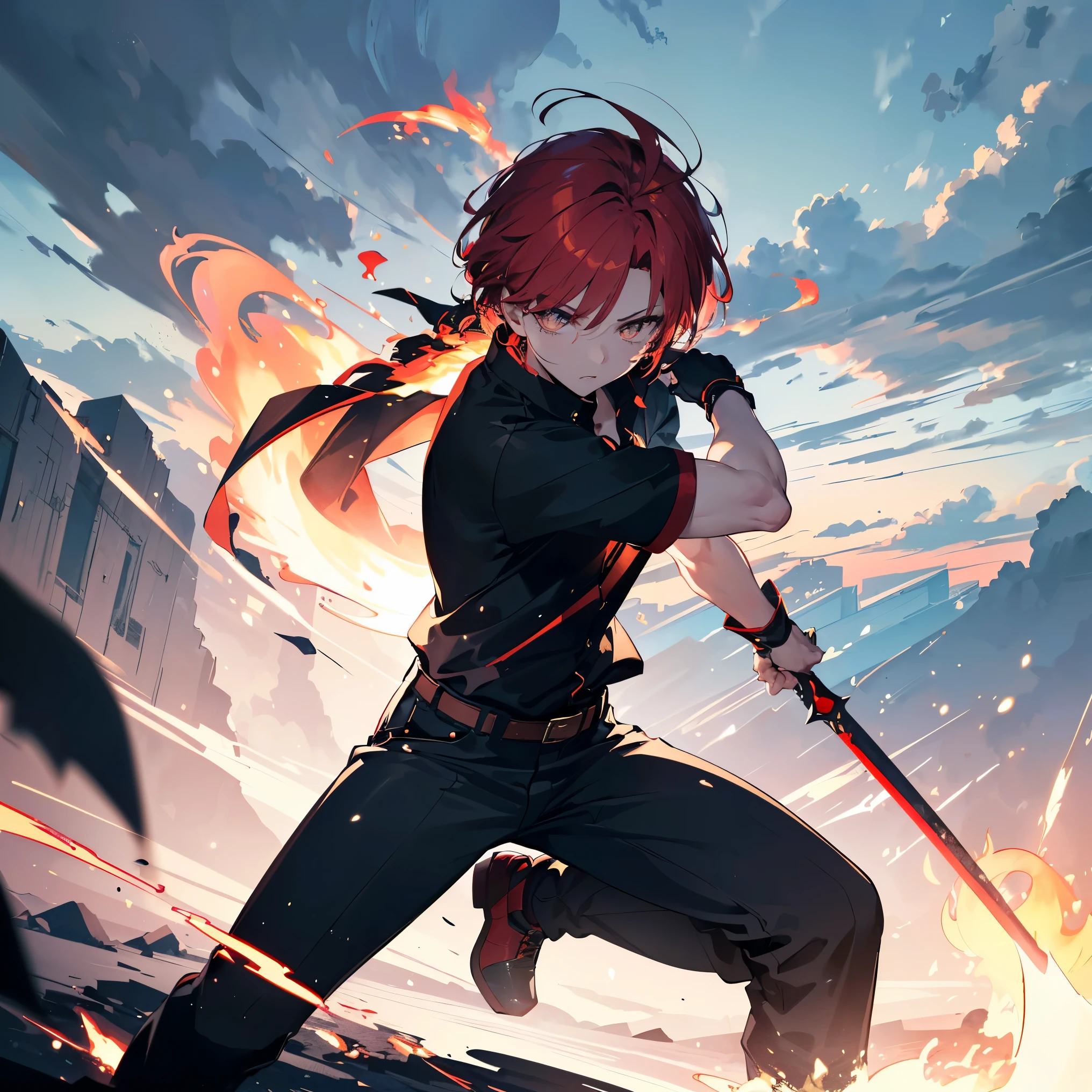 ((male, handsome male, sharp golden eyes, androgynous face, bright red hair)), ((golden eyes, mysterious appearance, muscular, wearing disheveled black shirt, black skinny pants, red dual swords, dual-handed sword stance, precise sword stance, swordsmanship posture)), ((masterpiece)), ((proper hand anatomy:1.4)), ((proper body anatomy:1.4)), ((proper leg anatomy:1.4)), ((best quality, delicate hair, delicate eyes, ultra-detailed,)), sword master, (dynamic pose, battle stance, cloudy sky background, detailed anime style illustration, intense expression, aura of hidden power, flames and sparks, extremely detailed, strong shadows), ash, ice, ink wash painting, ink splashing, color splashing, action lines, motion blur, dramatic lighting, sword reflection