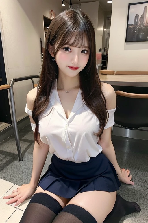 (ultra HD), (Sailor suit, Navy blue mini skirt), whole body, Big Breasts, Cleavage, slender, (Clean and shiny skin, Whitening, No makeup), (Super slender face, Super beautiful face, Delicate face), (long hair, Layered Cut, Fluffy hair,light brown), (Patchy double eyelids, Slanted Eyes), Small Nose, Thin lips, Thin legs, School