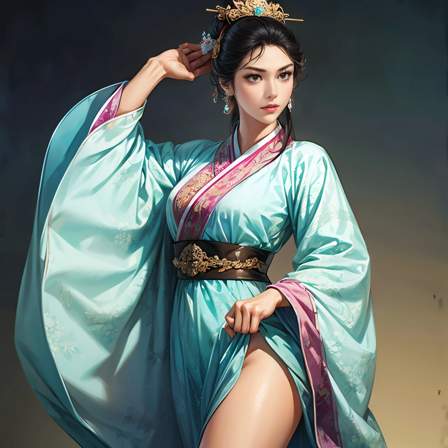 ((Create images from head to thigh:1.5)), Three Kingdoms illustration , sanguo, (sanguozhi :1.5), (((female solo))), Beautiful Woman, beautiful face, various faces, (bhands:1.3), ((black hair)), various poses, (((make various facial expressions))), silver jewelry, (make a sexy look), (Korean traditional clothing:1.2), GGGJAAA:1.3, Woman standing back and looking, Brilliant background , blurry background , natural lighting