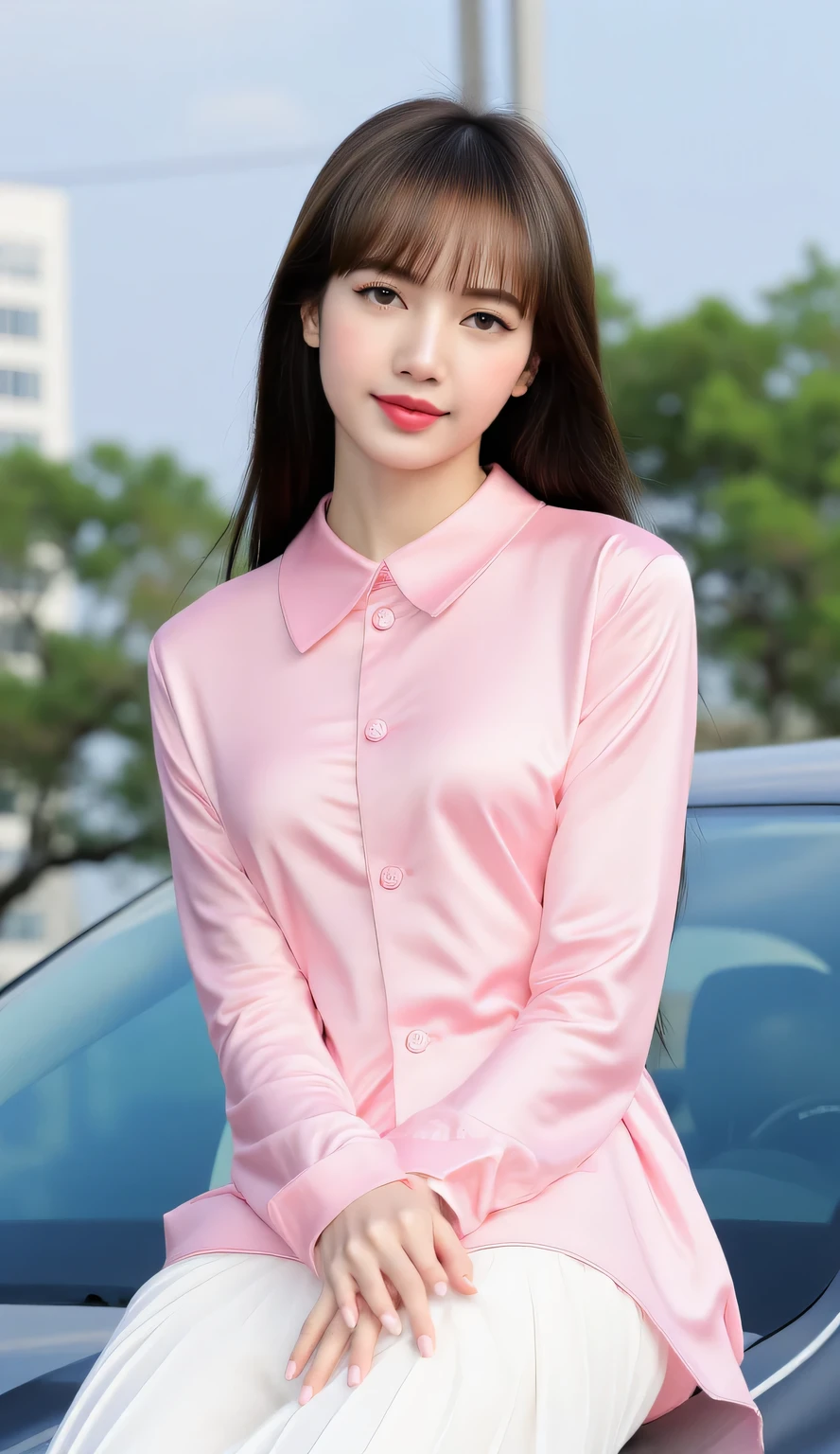 an office lady, sitting leaning on top of the car, Facing front, use an oversized sleeper shirt unbuttoned long to the butt of pink satin material, underwearless, using a long skirt of a pleated model of white color, red lips