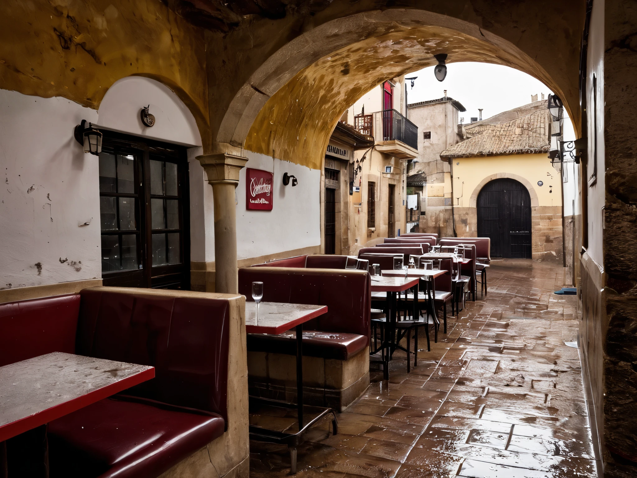The interior of a dirty churrería with chipped walls in an old town in Spain on a dark and very rainy day