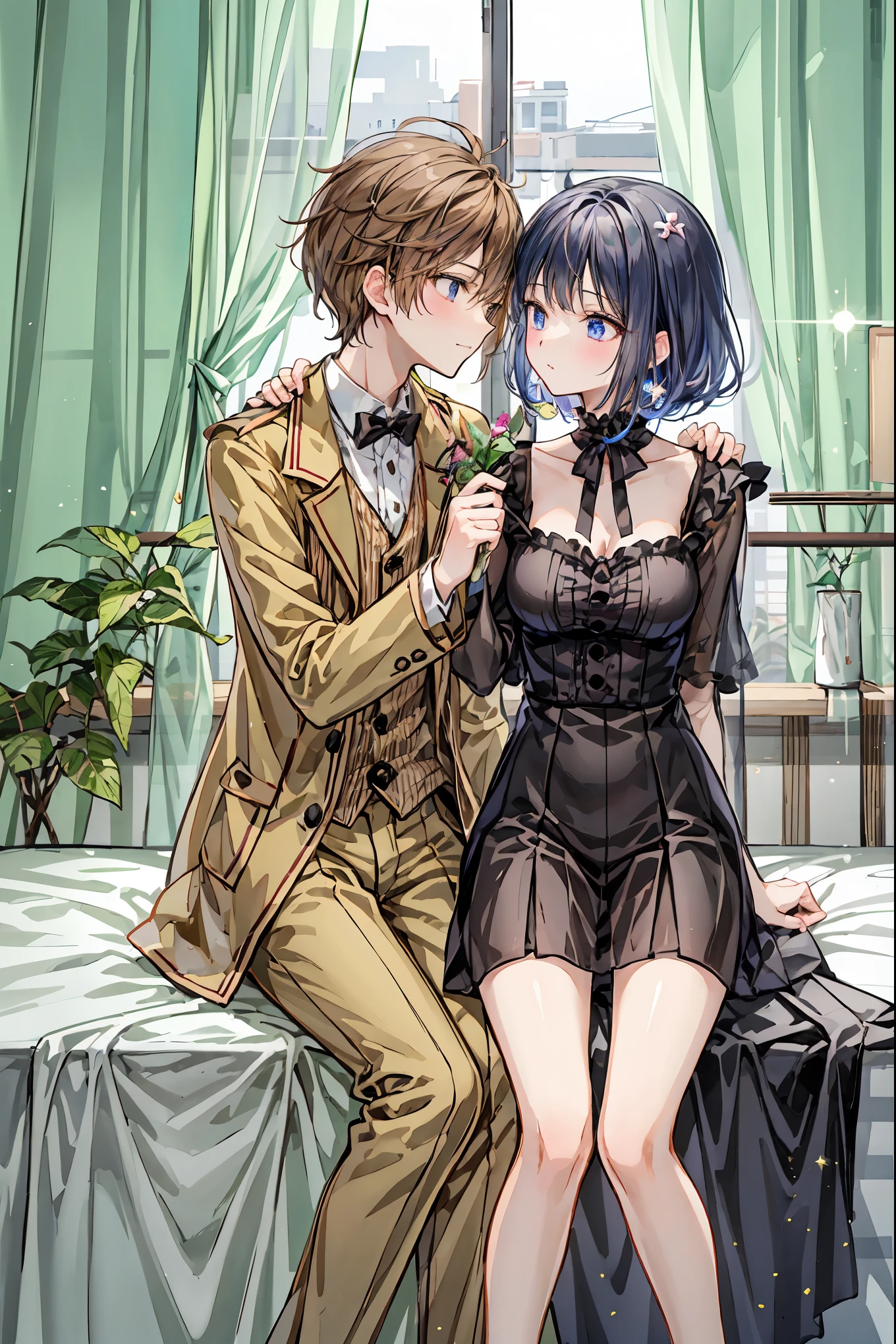 ( table top)( high definition)One couple in their 20s, woman1名、 unisex light clothing、woman向けロマンス、Sparkling atmosphere、Glossy appearance、Be happy、Beautiful poop、Devour each other as they please、Interview、 on my face、maleがwomanの胸や体を触る、womanがmaleにキスをする、make、woman( brown medium long hair、 Slightly Bigger Breasts、 negligee 、close ~ eye)、Sweet Sigh、male( Black Short Hair 、Half-removed shirt、Showing off her beautiful legs、強くclose ~ eye)、background(room、 bed、Turn off the lights、I closed the curtains..)、The night deepens、dim