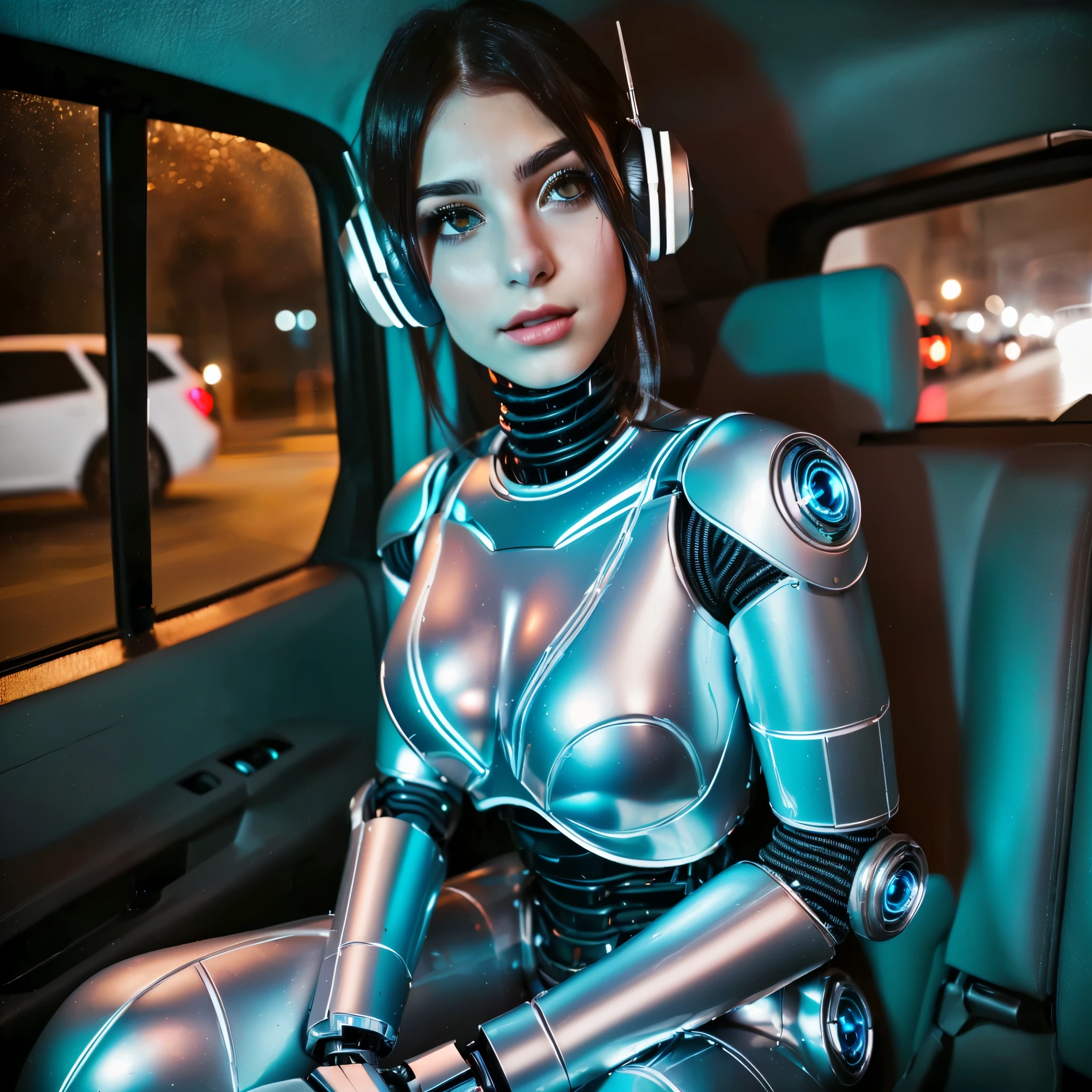 woman in silver suit sitting in car with headphones on, cute cyborg girl, robot girl, cyborg girl, cyborg - girl, beutiful girl cyborg, perfect android girl, female robot, beutiful white girl cyborg, ( ( robot cyborgs ) ), beautiful android woman, cyber suit, girl wearing robotic suit, cyberpunk glossy latex suit, beautiful cyborg girl