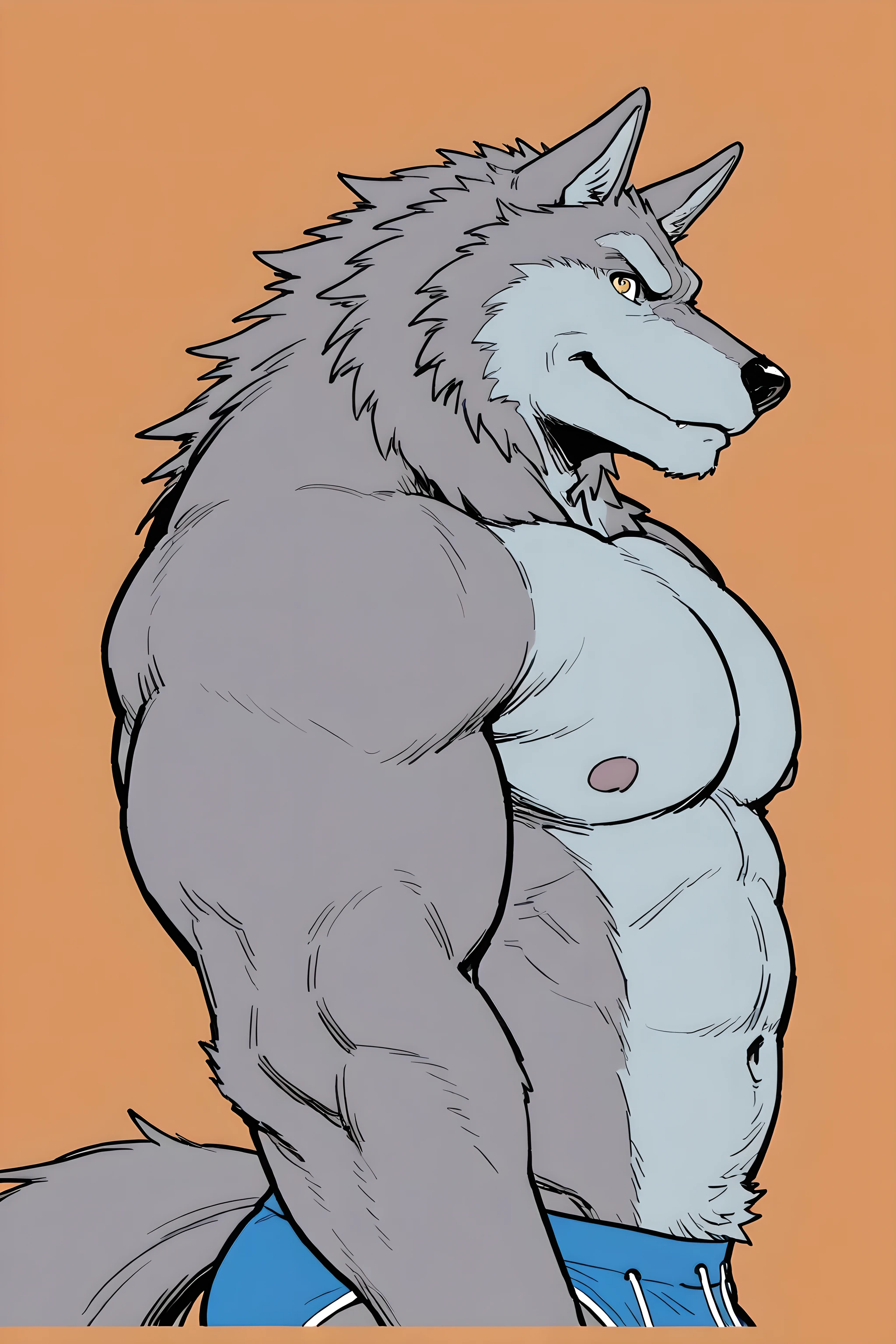 greyfus, wolf, flat color, male, very muscular, bulging muscles, simple background, looking at viewer, anthro, speedos, bare chest, half body, side view,