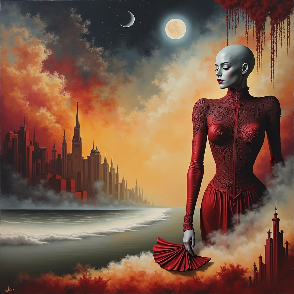linquivera, woman wearing city in architectural style inspired by sun, in extravagant pose, in Bauhaus style, red, black, white, yellow