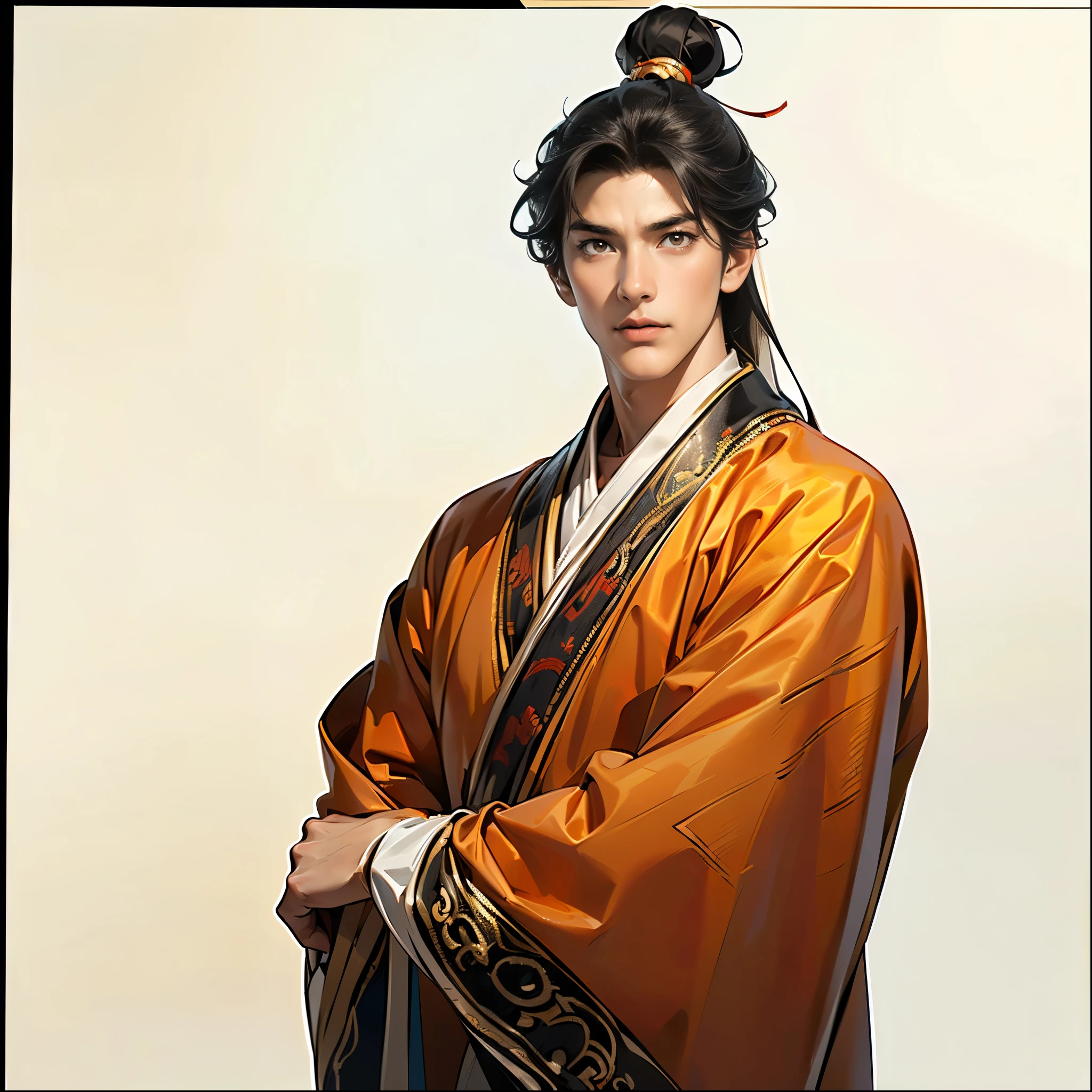( top quality,4K,8k, high resolution, Masterpiece:1.2),super detailed,(super fine illustration),((( ONE 20 YEAR-OLD MAN DRAWED IN ANIME STYLE ILLUSTRATION ))),A depiction of the Noble Prince of the Three Kingdoms :1.3, neutral face :1.3, confident expression,(( PERFECTLY SET WITH LONG BLACK HAIR AND HANGING BANKS:1.3,VERY SEXY MAN :1.2)), detailed eyes:1.2, perfect eyes,(( Attractive Dark Eyes )),( well-trained body, thin macho),cinematic lighting, spotlight, soft shadows,((I'm losing my clothes and showing my chest to viewers:1.3,An ancient Chinese red costume with fine embroidery leading up to detailed works of art:1.3,dynamic pause:1.2)),(( cowboy shot:1.2)),(( WHITE BACKGROUND :1.3,simple background:1.2)),(( standing:1.3, depicted so that everything from the tip of his head to above the knee :1.3, arms without defect))