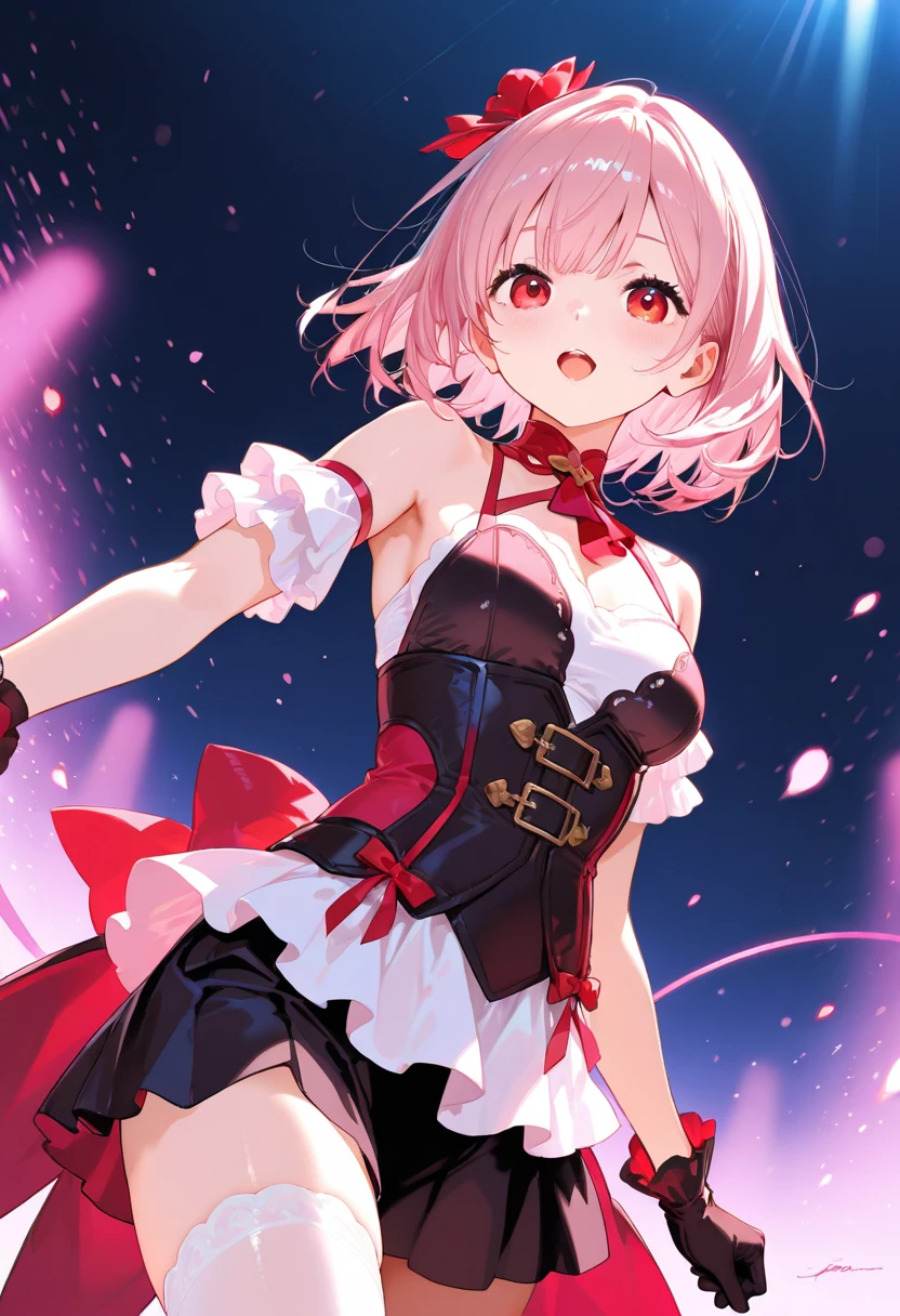 masterpiece, detailed, high quality, (absurdres), high sharpness, high resolution, rosemi, 1girl, solo, parted lips, blush, small breasts, curvy, wide hips, groin, cameltoe, frills, (bikini), detached sleeves, thighhighs, garter straps, garter belt, cowboy shot,