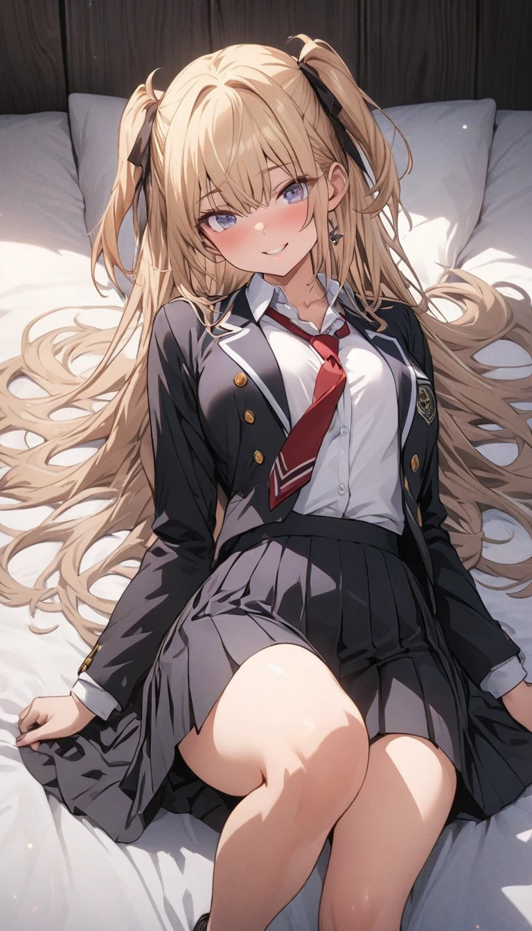 ((masterpiece)),(nude body),official art,extremely delicate and beautiful,extremely detailed CG,unity 8k wallpaper,ultra detailed,beautiful detailed eyes,extremely detailed face,on the bed,1girl,solo,full body,(portrait:1.5),looking at viewer,facing viewer,smile,Kuhouin Arisa,long wavy blond hair,sleep position,sidelocks,parted bangs,brown eyes,female underwear,blazer,wing collar,red bowtie,whi,long sleeves,large breasts,buttons,miniskirt,black thighhighs,loafers,black footwear,Big breasts,nude,Get naked,see breasts,obscene,fullbody