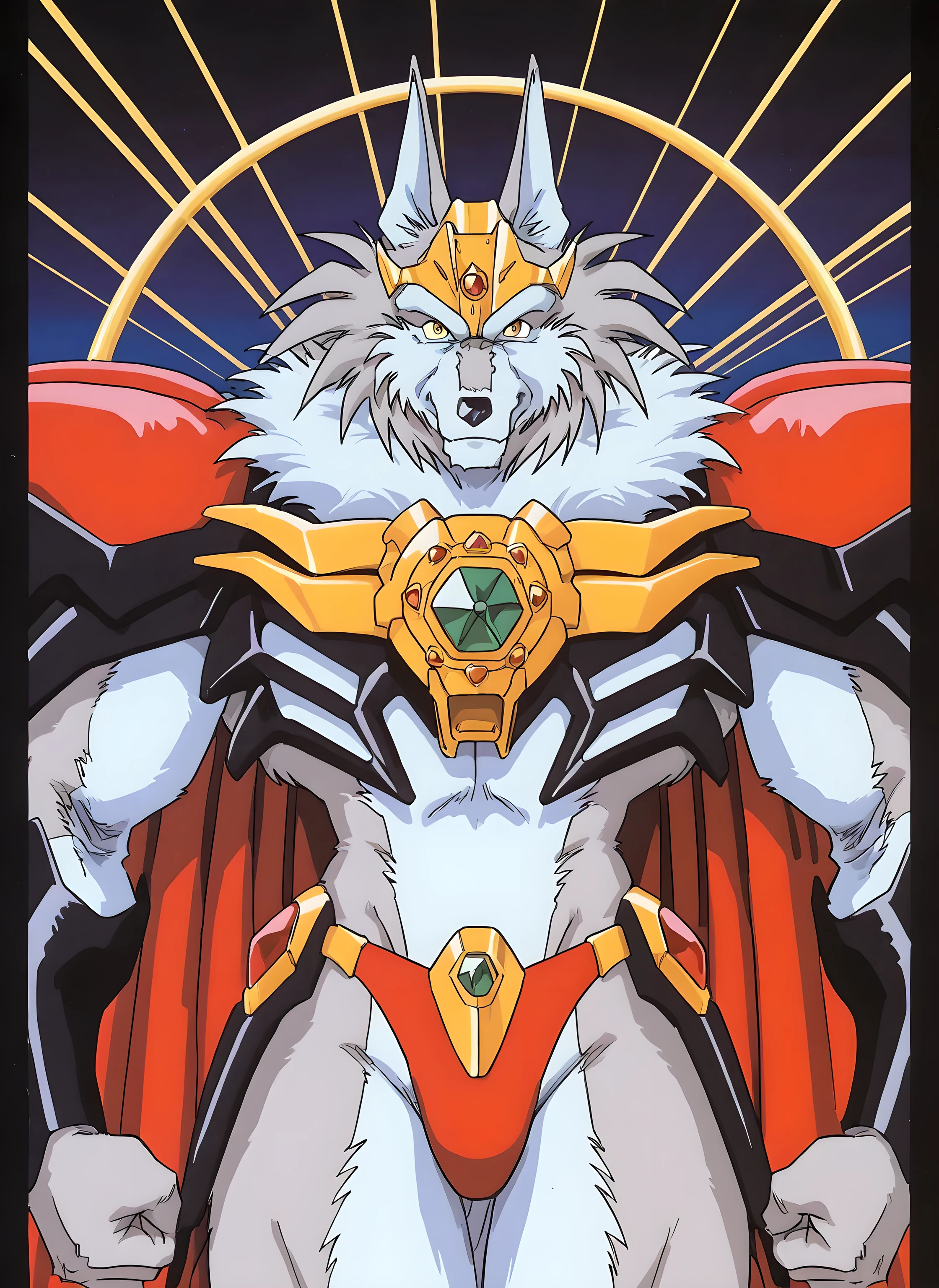 greyfus, furry male, grey fur, wolf, 1boy, animal ears, 1990s \(style\), crown, solo, muscular, looking at viewer, speedos,
