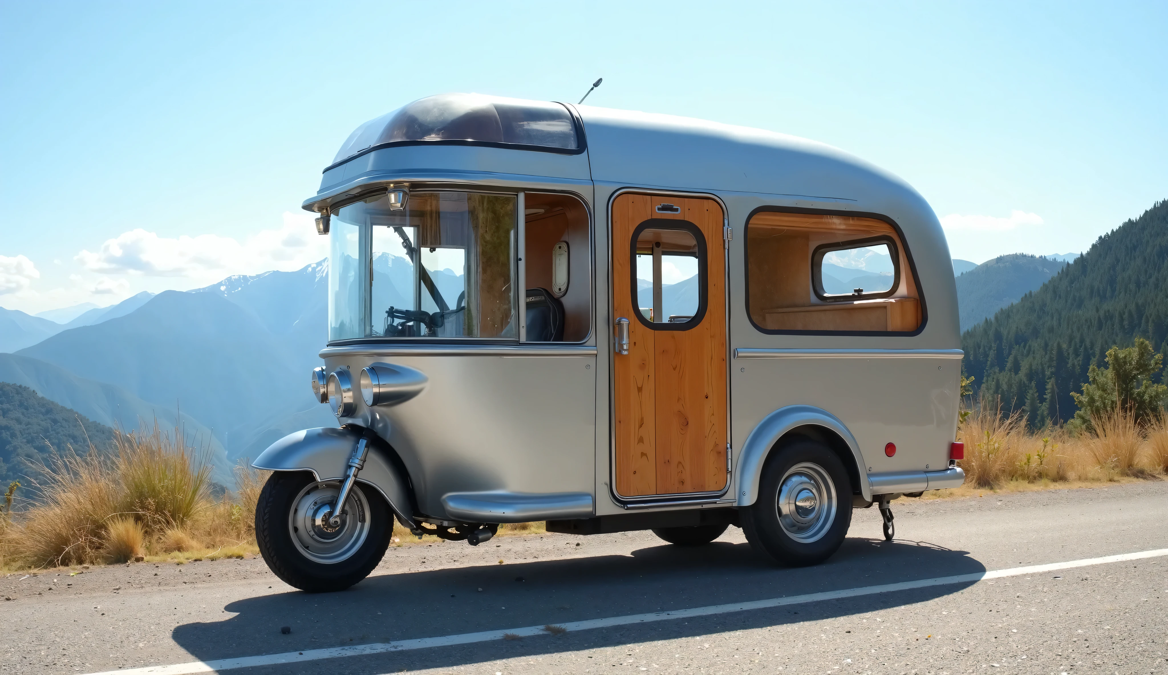 Aluminum Rv Bus There is a small silver bus with a wooden door on the side of the road ...