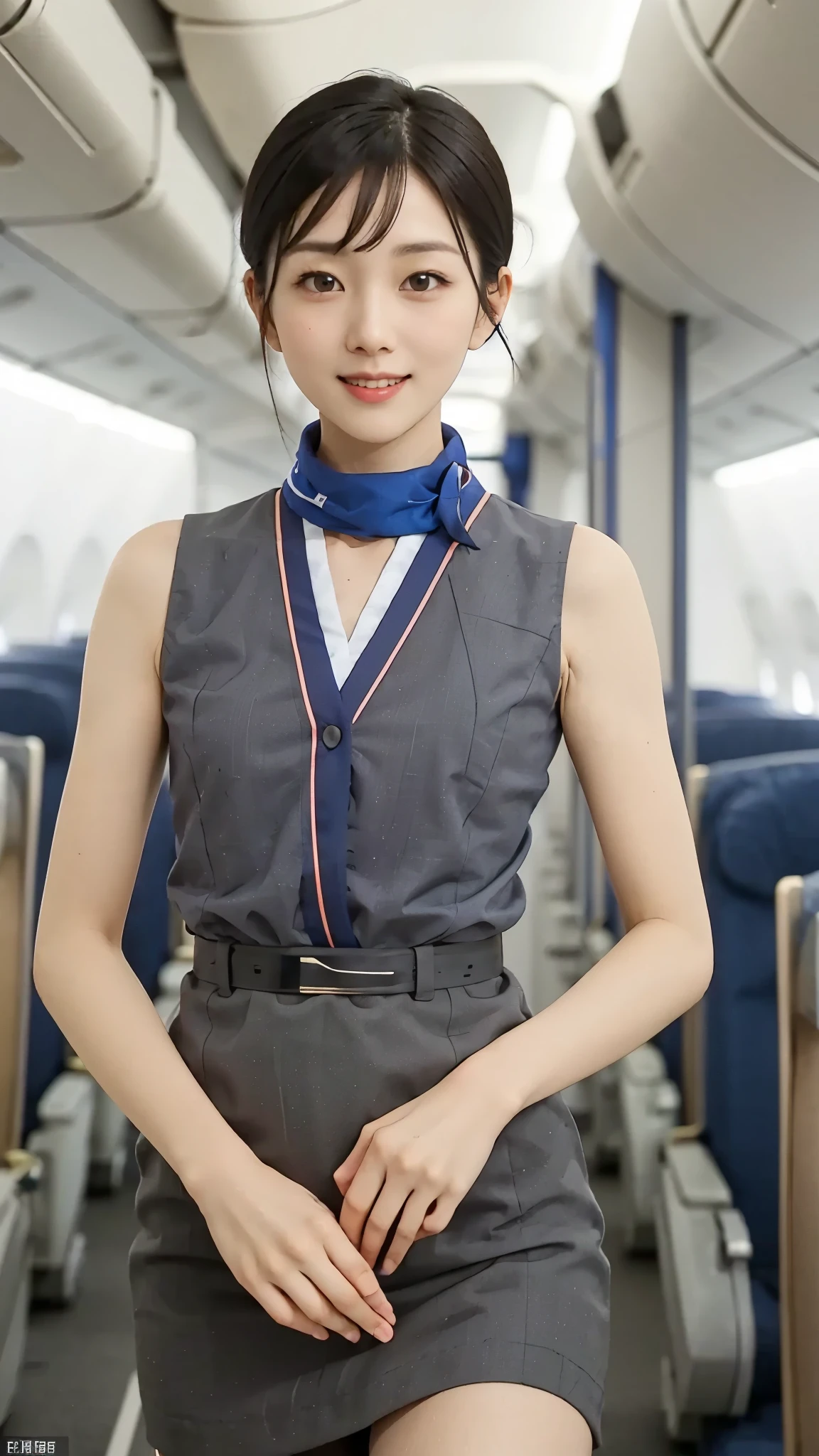 masterpiece, one beautiful girl, detailed eyes , top quality , high resolution, (reality: 1.4), 3/ 4 upper body portrait , original photo , one girl to rainbow, Cinema Lighting, Japanese , asian beauty, Korean, beautiful , beautiful skin, thin, front facing body , ( surreal), ( high resolution), (8k), ( very detailed), ( best illustrations), ( detailed eyes ), ( ultra detail), Staring at the Audience , Looking straight ahead, Neat Clothing, sit、 sleeveless、Bowlcut Hair, SWIPT BANGS, White Background 、Clean Room、( dark blue stewardess uniform 、In-flight、Thin thighs、 Thin Waist、thin パンスト、 scarves 、Laughter、 breast bulge、 White Panties、Chest compression、 clothes are too tight , upskirt:1.3
