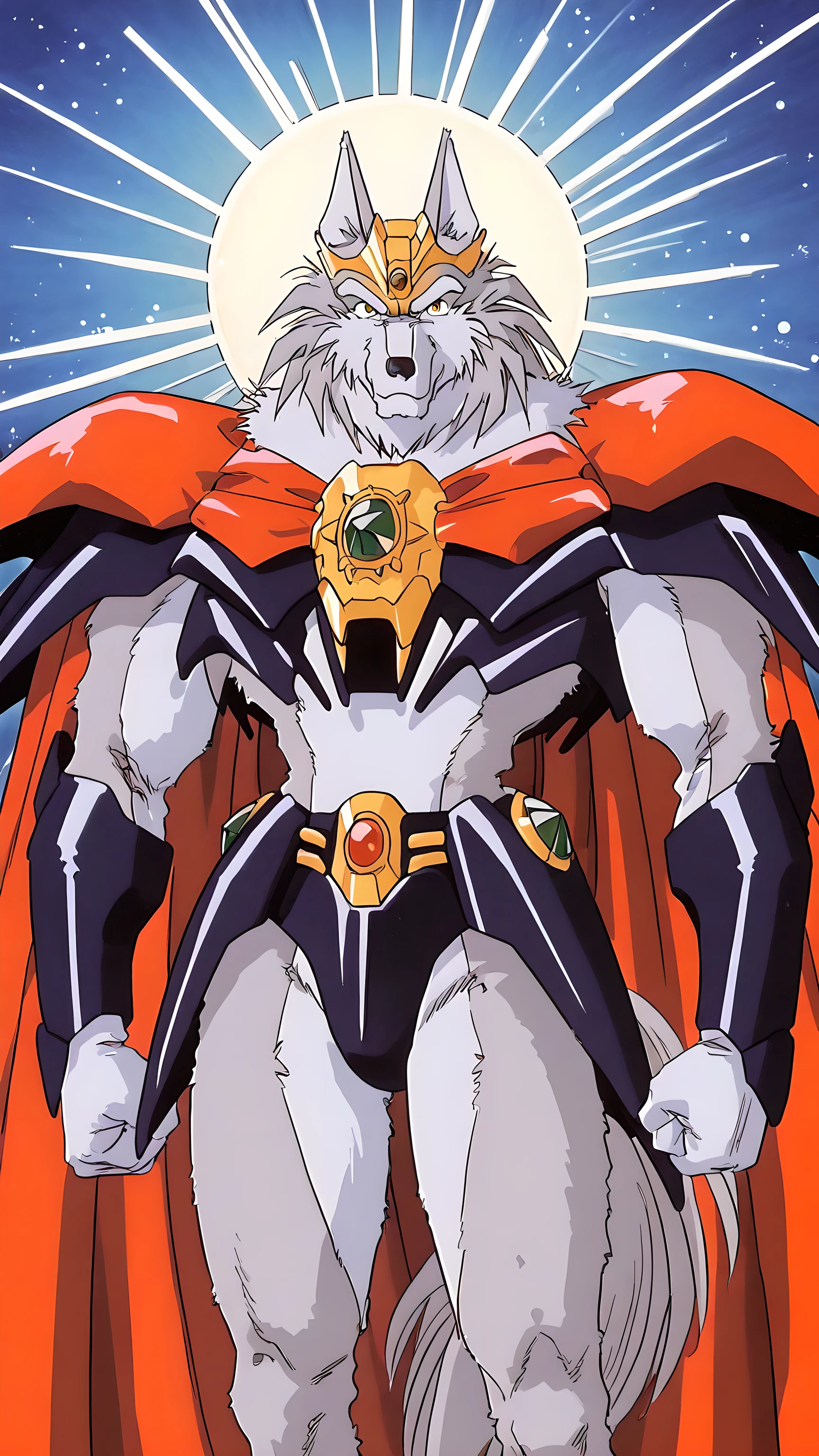 greyfus, furry male, grey fur, wolf, 1boy, animal ears, 1990s \(style\), crown, solo, armor, cape muscular, looking at viewer, speedos, abstract background, glow,