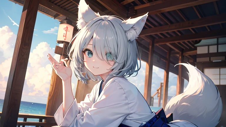 Silver-haired cat-eared girl standing in the garden,eBlue eyes,adolable,Soft cute,Dumb cute。