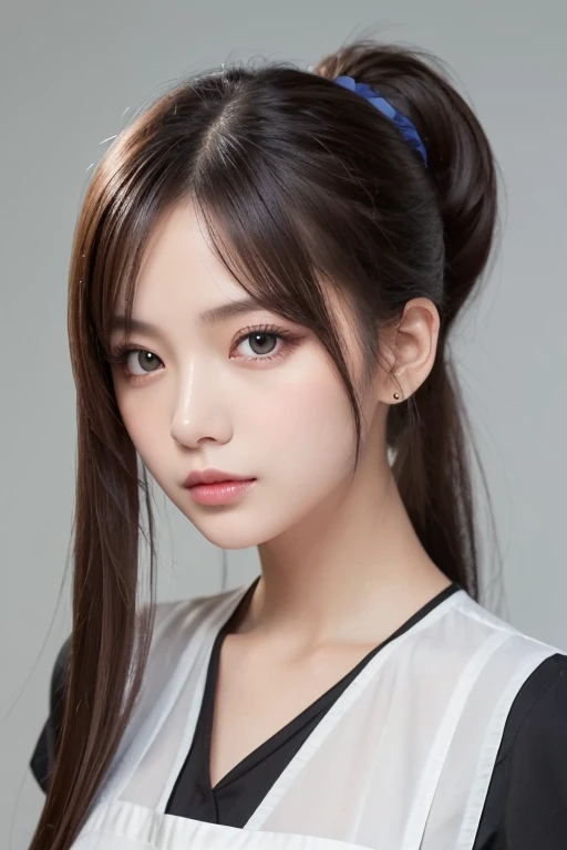 highest quality, Realistic, 8K, High resolution, 1 Girl, woman, (Skin dents), (Portraiture:0.6), nice, ((White Background, naked, Small breasts:1.65)), (Brown hair in a long ponytail, Parted bangs:1.4), Watching the audience, (1 Girl eyes Watching the audience:1.6), Realistic, (Bokeh), (Closed Mouth, smile:1.3), nice, Purelos Face_V1:1,Upper body close-up、