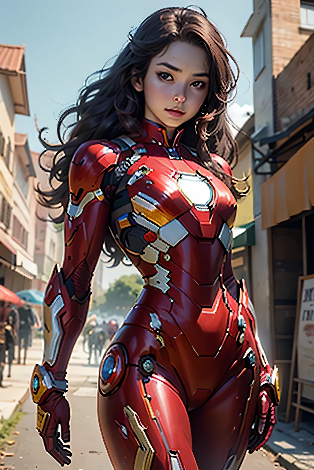 8k, realistic, attractive, highly detailed, a 20 year old girl a sexy and attractive woman inspired by Iron Man wearing a shiny Iron Man mech. She dresses with sensuality and confidence, perfectly interpreting Iron Man&#39;s strength and charisma. The abandoned warehouse serves as a backdrop, creating a unique atmosphere that highlights her bravery and perseverance. The tall buildings and buildings on the street exude the unique charm of cyberpunk, and the neon light outlines the outline of the city, which sets off the powerful strength and personality charm of Iron Man. This high-definition, high-quality picture will bring you stunning visual enjoyment, a perfect combination of sexy, futuristic and sci-fi elements. oc rendering, dramatic lighting, award winning quality