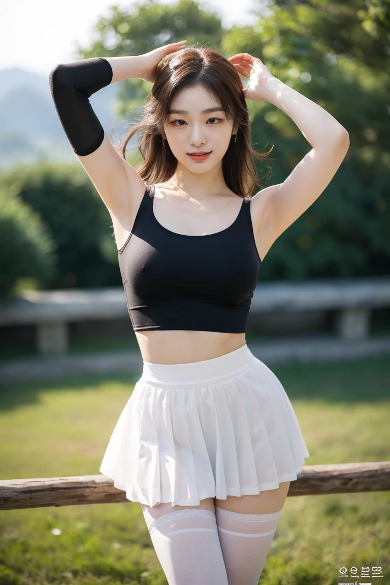 masterpiece, Highest quality, (Normal limbs), Too cute face, Shiny skin, slender, Big Breasts, garden, Are standing, Cheerleader beauty, Ultra Mini Skirt, From the thigh up