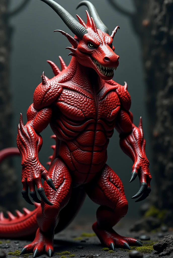 A shirtless, muscular, red dragon furry with a hard cock out, all sweaty and with a big tongue and cumming a lot 