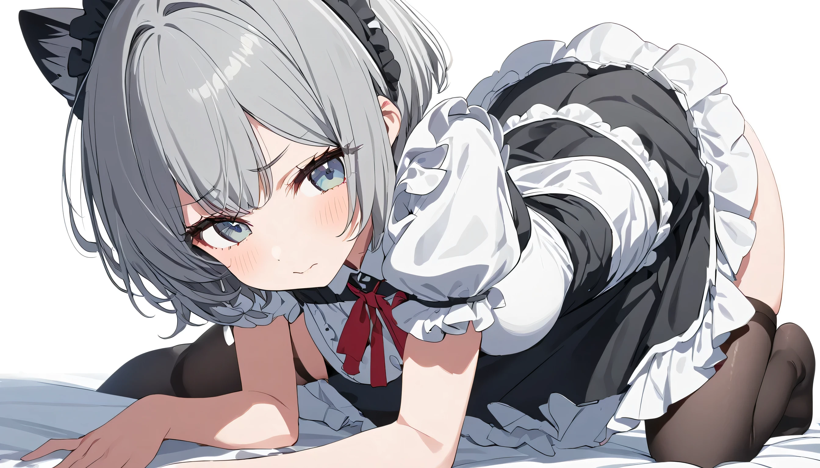 one girl, cat ears, white hairs, naive, hair eyes, light blue eyes, love me, maid, innocent, hypnosis, blush, from above, , wariza