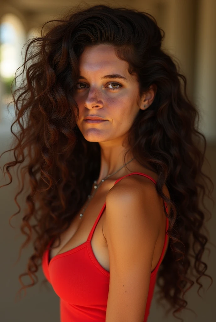 [white-skinned woman:1.2, long curly hair:1.2, elegant red sundress, deep neckline, snub-nosed, bright brown eyes], awesome naked breasts, VSCO filter: C8, big nipples,  sperm