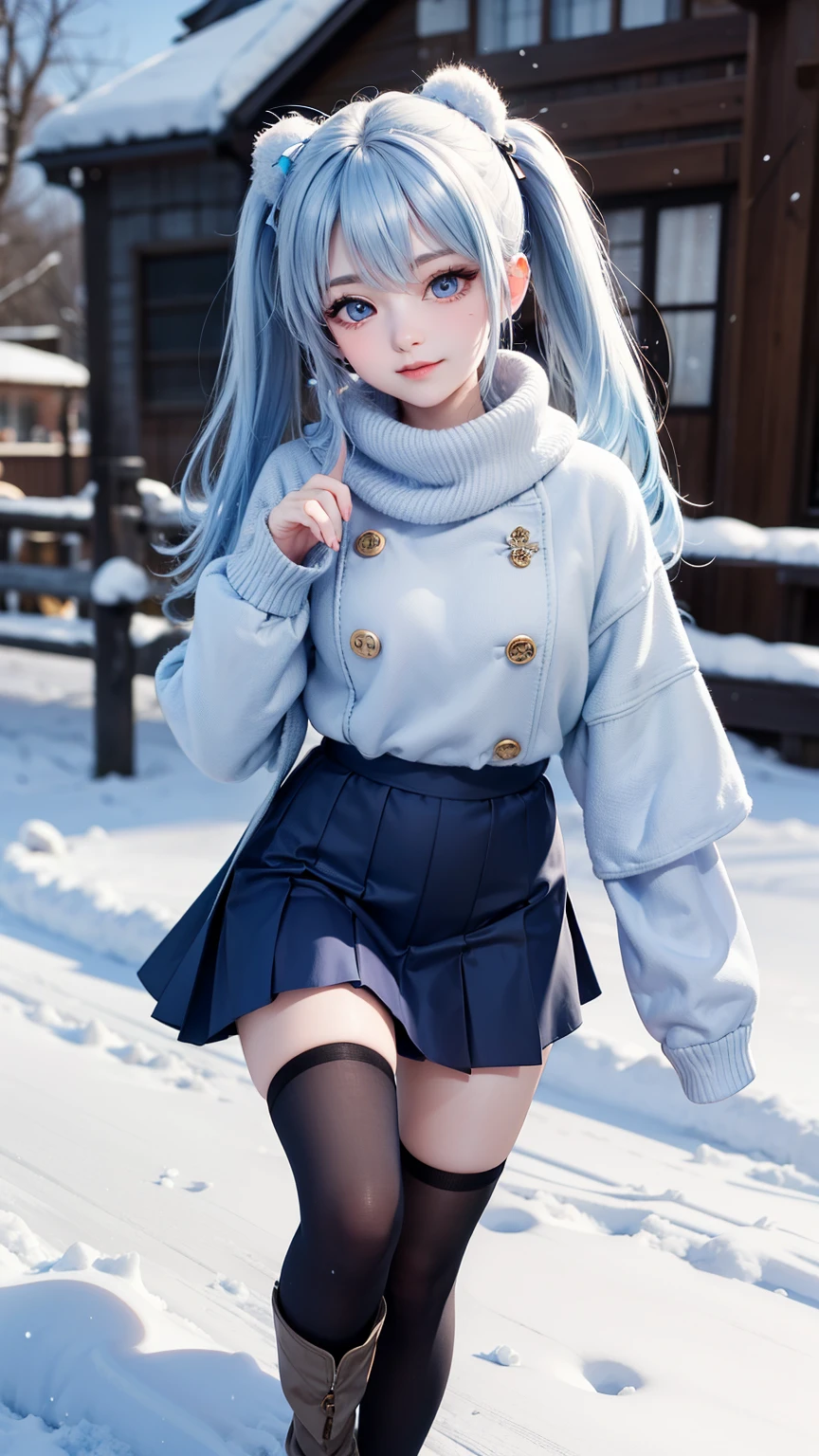 A hyper-realistic, ultra-detailed full-body 3D-rendered image of a 16-year-old Japanese girl named Kanon. She has a delicate, youthful face with a well-defined, softly contoured jawline, giving her a gentle yet elegant appearance. Her large, expressive **light blue eyes** shimmer subtly, framed by long, thick dark eyelashes that enhance their depth and natural beauty. Her slightly arched eyebrows complement her eye shape, adding a touch of refinement. Her cheeks have a soft, natural blush, slightly more pronounced due to the cold winter air. Her small, well-proportioned nose and full, rosy lips curve into a bright and joyful smile.
Kanon's signature **soft blue hair** cascades smoothly in **long twin tails**, tied with **cozy white fluffy ribbons**. Her **light blue hair flows dynamically**, with **individual strands moving naturally in the cold winter breeze**. The soft glow of the winter sunlight enhances the natural highlights in her hair, making it appear silky and voluminous.
She is wearing a **cozy and stylish winter outfit**, featuring a **light blue woolen coat** with elegant silver buttons and a subtle fur-trimmed collar. The coat flutters slightly as she moves, giving a sense of natural motion. Underneath, a **white knitted turtleneck sweater** peeks out, adding extra warmth and texture. A **soft, fluffy white scarf** is wrapped around her neck, its ends lifting slightly due to the movement. She wears a **pleated navy-blue winter skirt**, paired with **thigh-high white woolen socks** and **elegant black winter boots** lined with soft fur.
Her **pose is playful and dynamic**, as she sits comfortably on a snowy wooden bench or a soft snow-covered ground, **lifting both legs playfully into the air**. Her knees are slightly bent, feet pointing forward as if she’s kicking up the fresh snow. One hand lightly rests on the ground for balance while the other is raised slightly in the air. Her **expression is bright and cheerful**, her eyes sparkling with happine