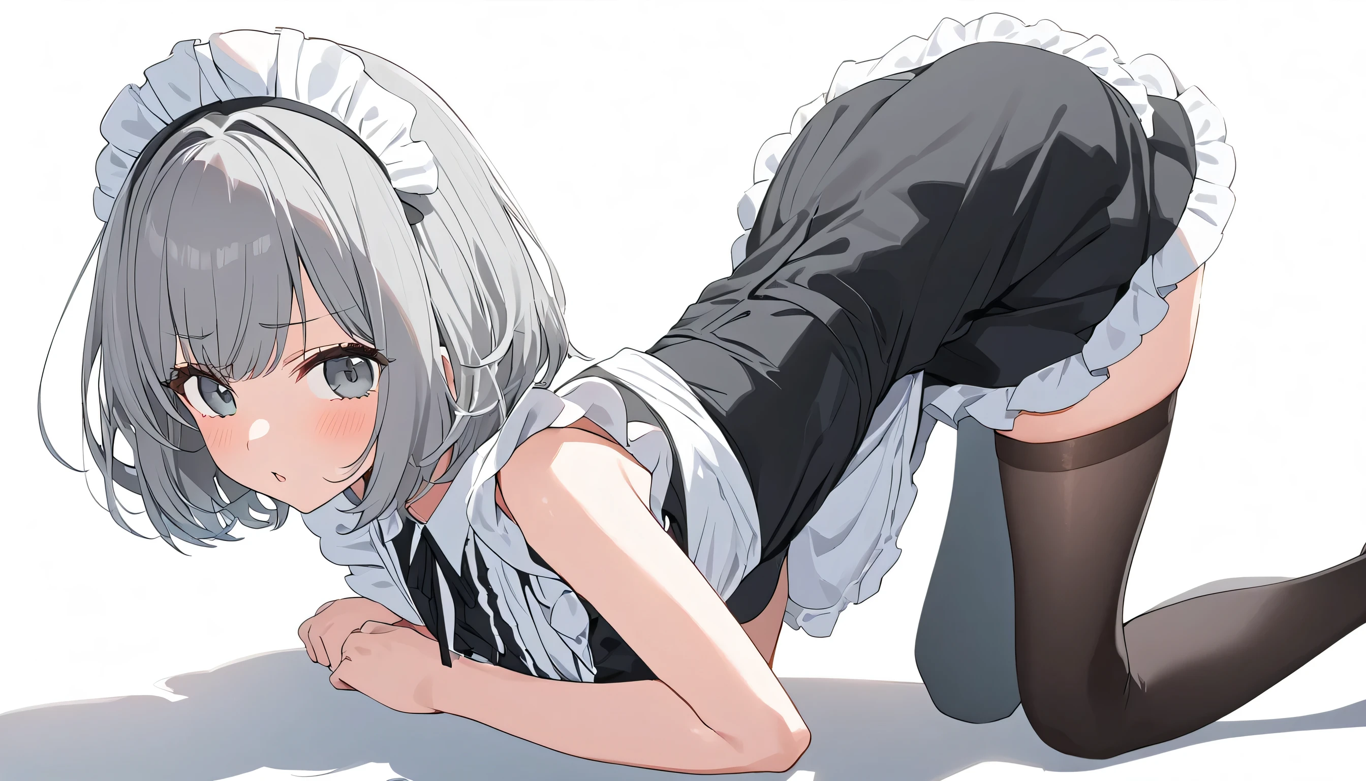 1 Girl, Solitary, High Leg Raise, Long hair, white High Leg Raise, breast, maid, maid headskirt, White background, apron, From below, Looking at the audience, skirt, Gray eyes, Simple background, Bangs, Long sleeve, medium breast, Ruffles, Juliet Sleeves, white apron, open mouth, Ribbon, Puff sleeves, hair Ribbon, maid apron, black skirt, look down