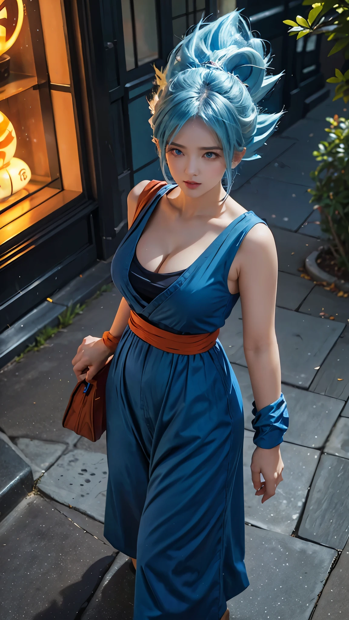 a woman in a blue and orange outfit walking down a street cosplay Goku (Super saiyan Blue), saiyan girl, anime cosplay, outfit inspired by anime Goku Super Saiyan Blue, female goku, anime girl cosplay, character dragonball, human goku, anime inspired, anime-style, anime girl in real life, anime character; full body art, bulma from dragon ball, anime style, full-cosplay, professional cosplay, anime style. 8k, blue hair, blue eyes, thin lips, shiny lips, super big breasts, firm breasts, cleavage, curvy body, big hips, realistic.