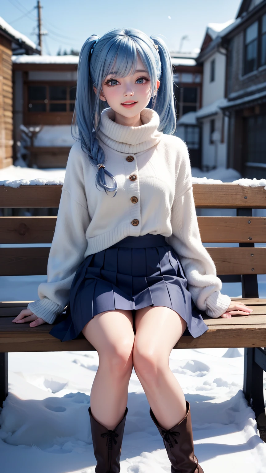 A hyper-realistic, ultra-detailed full-body 3D-rendered image of a -yeld Jaese girl named Kanon. She has a delicate, youthful face with a well-defined, softly contoured jawline, giving her a gentle yet elegant appearance. Her large, expressive light blue eyes shimmer subtly, framed by long, thick dark eyelashes that enhance their depth and natural beauty. Her slightly arched eyebrows complement her eye shape, adding a touch of refinement. Her cheeks have a soft, natural blush, slightly more pronounced due to the cold winter air. Her small, well-proportioned nose and full, rosy lips curve into a bright and joyful smile.
Kanon's signature soft blue hair cascades smoothly in long twin tails, tied with cozy white fluffy ribbons. Her light blue hair flows dynamically, with individual strands moving naturally in the cold winter breeze. The soft glow of the winter sunlight enhances the natural highlights in her hair, making it appear silky and voluminous.
She is wearing a cozy and stylish winter outfit, featuring a light blue woolen coat with elegant silver buttons and a subtle fur-trimmed collar. The coat flutters slightly as she moves, giving a sense of natural motion. Underneath, a white knitted turtleneck sweater peeks out, adding extra warmth and texture. A soft, fluffy white scarf is wrapped around her neck, its ends lifting slightly due to the movement. She wears a pleated navy-blue winter skirt, paired with thigh-high white woolen socks and elegant black winter boots lined with soft fur.
Her pose is playful and dynamic, as she sits comfortably on a snowy wooden bench or a soft snow-covered ground, lifting both legs playfully into the air. Her knees are slightly bent, feet pointing forward as if she’s kicking up the fresh snow. One hand lightly rests on the ground for balance while the other is raised slightly in the air. Her expression is bright and cheerful, her eyes sparkling with happine