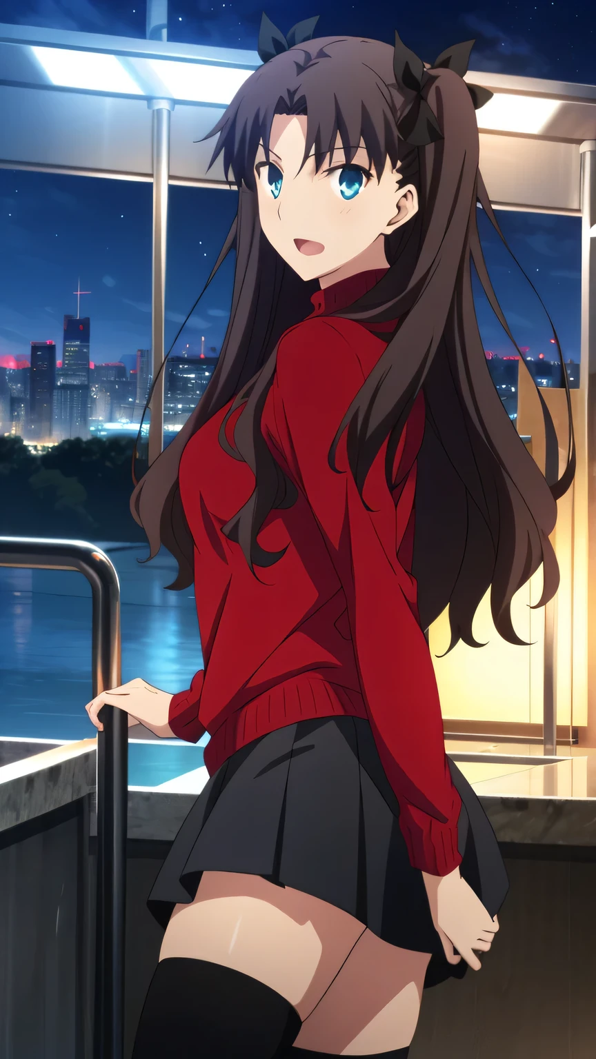 {{{masterpiece}}}, (best quality:1.5), (ultra-detailed:1.5), {illustration}, {{an extremely delicate and beautiful}}, (beautiful detailed eyes:1.6), absurdres, highres, extremely detailed face, 16k, hd, visual anime de uma jovem mulher, extremamente bonito rosto de anime, anime melhor garota, (perfect hands, perfect anatomy), anime face, Tohsaka Rin(Fate/stay night), ChopioTohsakaRin, 1girl, solo, cute face, black hair, long hair, two side up, parted bangs, black hair ribbon, round face, big eyes, aqua eyes, (High resolution eyes, Beautiful eyes, Light in the eyes), medium breasts, big hips, curvaceous, BREAK, outfit_2, red sweater, turtleneck, cross, long sleeves, (sweater tuck out:1.2), black skirt, pleated skirt, (micro skirt:1.2), black thighhighs, thighs, zettai ryouik, BREAK, tsurime, open mouth, legs apart, fighting stance, duel, clash, slashing, flushed cheeks, looking at viewer, outdoor, city, building, sky, night, night view, cityscape, cowboy shot, from front, from side