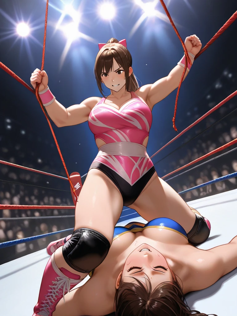 masterpiece, best quality, beautiful art, high resolution, well formed hands, body and fingers, 1 woman, solo, Mamako Oosuki, adult, big breasted, cleavage, full body, long hair,  hair ornament, gorgeous legs and thighs, blue_kunoichi_dress, white stockings, sleeveless, ryona , in peril, she is being beaten up by her opponent, she is slapped in the face and being slammed against the floor, receiving the impact of her opponent's attacks, closed eyes, screaming in pain and agony, ryona and perilous scene, bouncing breasts, weak and helpless, martial arts tournament on the beach 