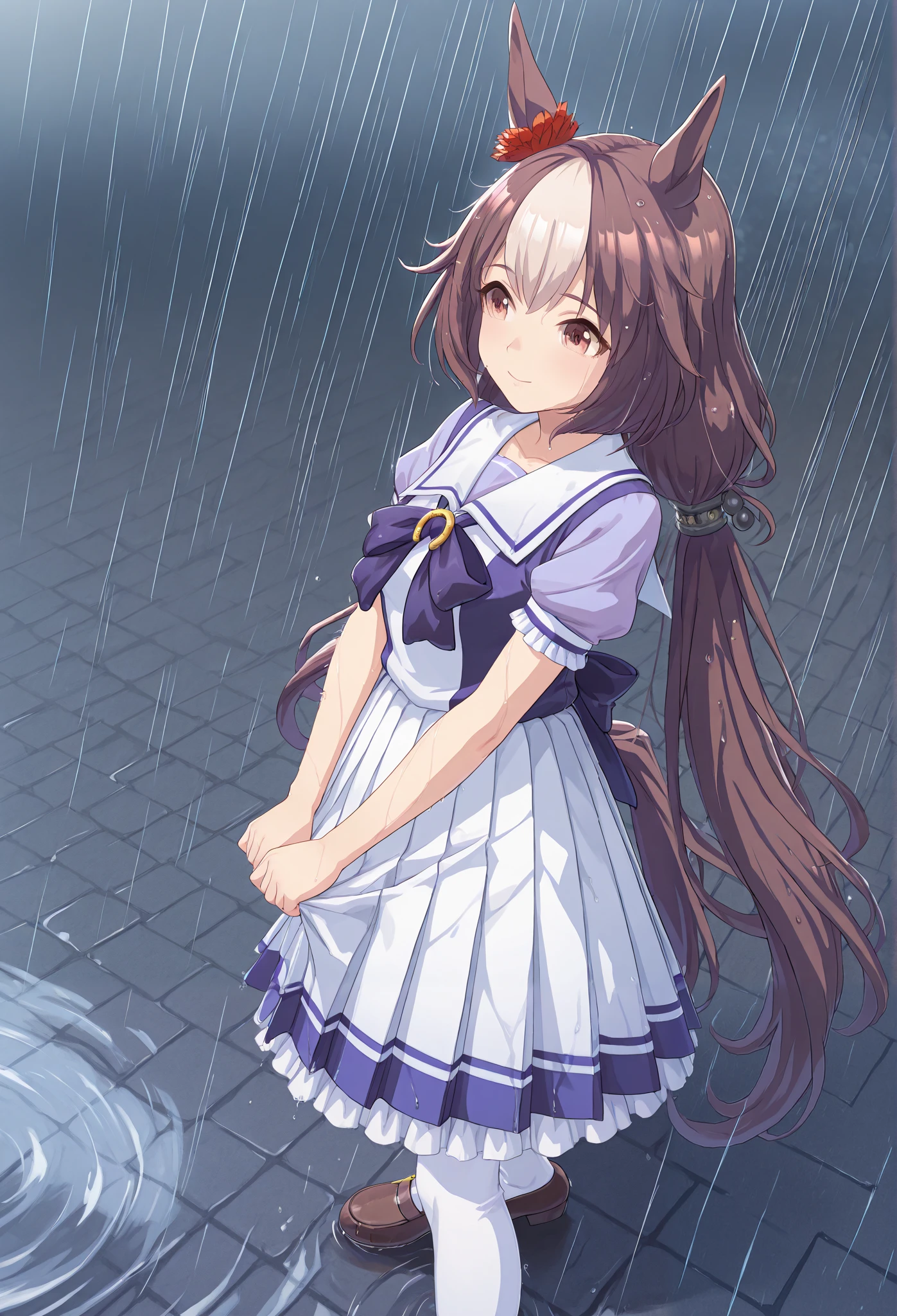 {{{Racecourse:1.6}}} {{{ 【         focusing on upper body       :1.5}}},(        high resolution),(        high resolution), (              Unity 8K Wallpaper),(        detailed image        ), {{{Type Moon  :1.7}}},((draw:1.5)) :Yaman's Zephyr \{{{Uma Musume\}}}, ,{Right ear ornament} \( Uma Musume\),{ pastel purple hair }
  Tracen school uniform,  summer uniform ,  Sera Clothing,  Puffy Short Sleeve ,   purple bow tie, Horseshoe Ornaments ,  sailor color,  sailor shirt ,  purple shirt ,   white skirt ,  pleated skirt, frills,  miniskirt,  absolute domain,  's White Thigh High ,   brown footwear ,  loafers , A young woman standing in the rain, her clothes soaked and clinging to her body. She is squeezing the water out of her sleeves and skirt, with droplets falling from the fabric. Her expression is slightly frustrated but also relieved. Her wet hair sticks to her face and shoulders. The background is a rainy street with puddles reflecting the city lights. {{{squeezing the water out of her sleeves and skirt}}},{{{Squeeze the skirt with your hands:1.7}}} {{{see-through}}}