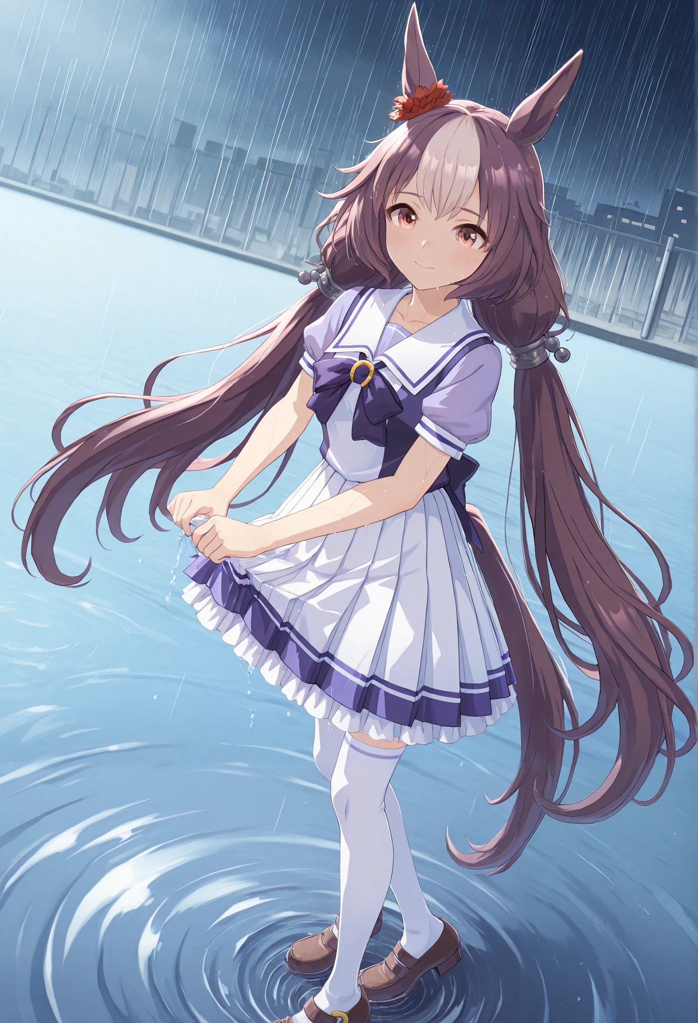 {{{Racecourse:1.6}}} {{{ 【 focusing on upper body :1.5}}},( high resolution),( high resolution), ( Unity 8K Wallpaper),( detailed image ), {{{Type Moon :1.7}}},((draw:1.5)) :Yaman's Zephyr \{{{Uma Musume\}}}, ,{Right ear ornament} \( Uma Musume\),{ pastel purple hair }
Tracen school uniform, summer uniform , Sera Clothing, Puffy Short Sleeve , purple bow tie, Horseshoe Ornaments , sailor color, sailor shirt , purple shirt , white skirt , pleated skirt, frills, miniskirt, absolute domain, 's White Thigh High , brown footwear , loafers , A young woman standing in the rain, her clothes soaked and clinging to her body. She is squeezing the water out of her sleeves and skirt, with droplets falling from the fabric. Her expression is slightly frustrated but also relieved. Her wet hair sticks to her face and shoulders. The background is a rainy street with puddles reflecting the city lights. {{{squeezing the water out of her sleeves and skirt}}},{{{Squeeze the skirt with your hands:1.7}}} {{{see-through}}}