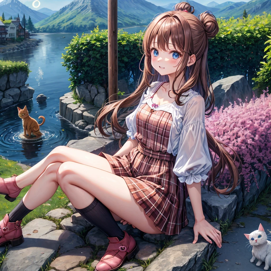 Red, brown, gold, gold hair、Golden Eyes、Hair tied up、One good looking girl、solo、anime、Checkered mini skirt、Ruffles on the skirt、camisole、camisole、Lightweight cardigan、Black knee-high socks、Wearing a baseball cap、Ribbon、Ribbon on waist、Teeth are visible、Sunset sky、Cumulonimbus、Silver coin necklace、shine、From above、Sparks are flying、tunnel、Cobblestones、Sitting on the stairs、waterfall