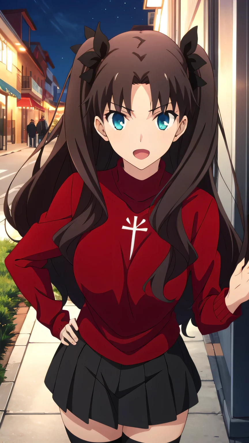 {{{masterpiece}}}, (best quality:1.5), (ultra-detailed:1.5), {illustration}, {{an extremely delicate and beautiful}}, (beautiful detailed eyes:1.6), absurdres, highres, extremely detailed face, 16k, hd, visual anime de uma jovem mulher, extremamente bonito rosto de anime, anime melhor garota, (perfect hands, perfect anatomy), anime face, Tohsaka Rin(Fate/stay night), ChopioTohsakaRin, 1girl, solo, cute face, black hair, long hair, two side up, parted bangs, black hair ribbon, round face, big eyes, aqua eyes, (High resolution eyes, Beautiful eyes, Light in the eyes), medium breasts, big hips, curvaceous, BREAK, outfit_2, red sweater, turtleneck, cross, long sleeves, (sweater tuck out:1.2), black skirt, pleated skirt, (micro skirt:1.2), black thighhighs, thighs, zettai ryouik, BREAK, tsurime, open mouth, legs apart, fighting stance, duel, clash, slashing, flushed cheeks, looking at viewer, outdoor, city, building, sky, night, night view, cityscape, cowboy shot, from front, medium close-up shot