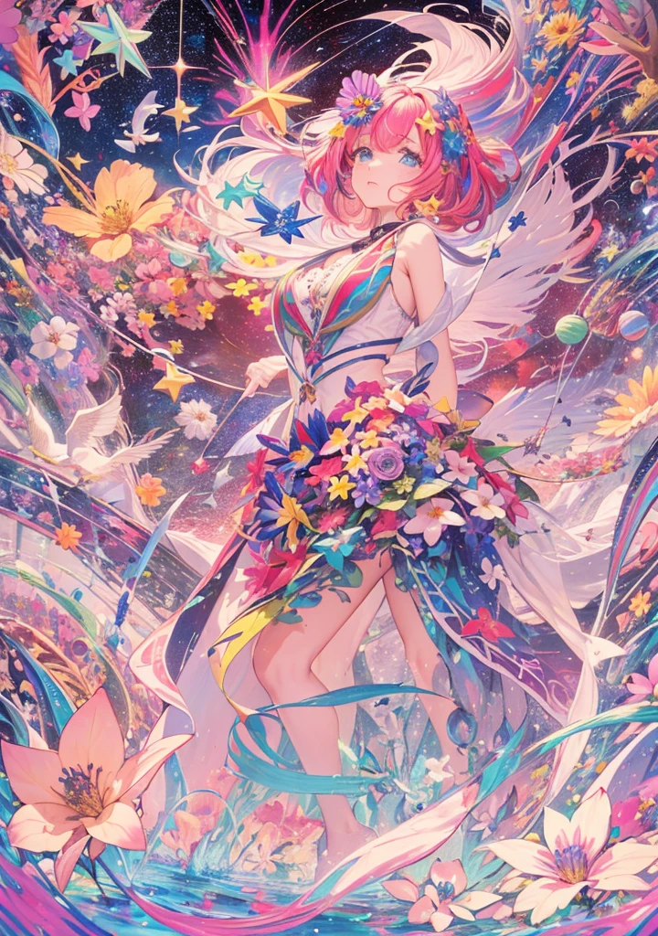 ((Dreamy landscape))、(((Super Rainbow)))、((A semi-transparent rainbow road leading to the blue sky、Light color、Bright colors))、(((、Rainbow Messenger、High Ponytail、barefoot、Rim Light)))、Pastel Color Spectrum、The heart is transparent、Immersion、The sky is high、The sky is wide、Bright colors、Fantasy Fractal Art、Scheimpflug、High Contrast、masterpiece、Highest quality、Small details、Super beautiful watercolor style、Blur、Bleeding
