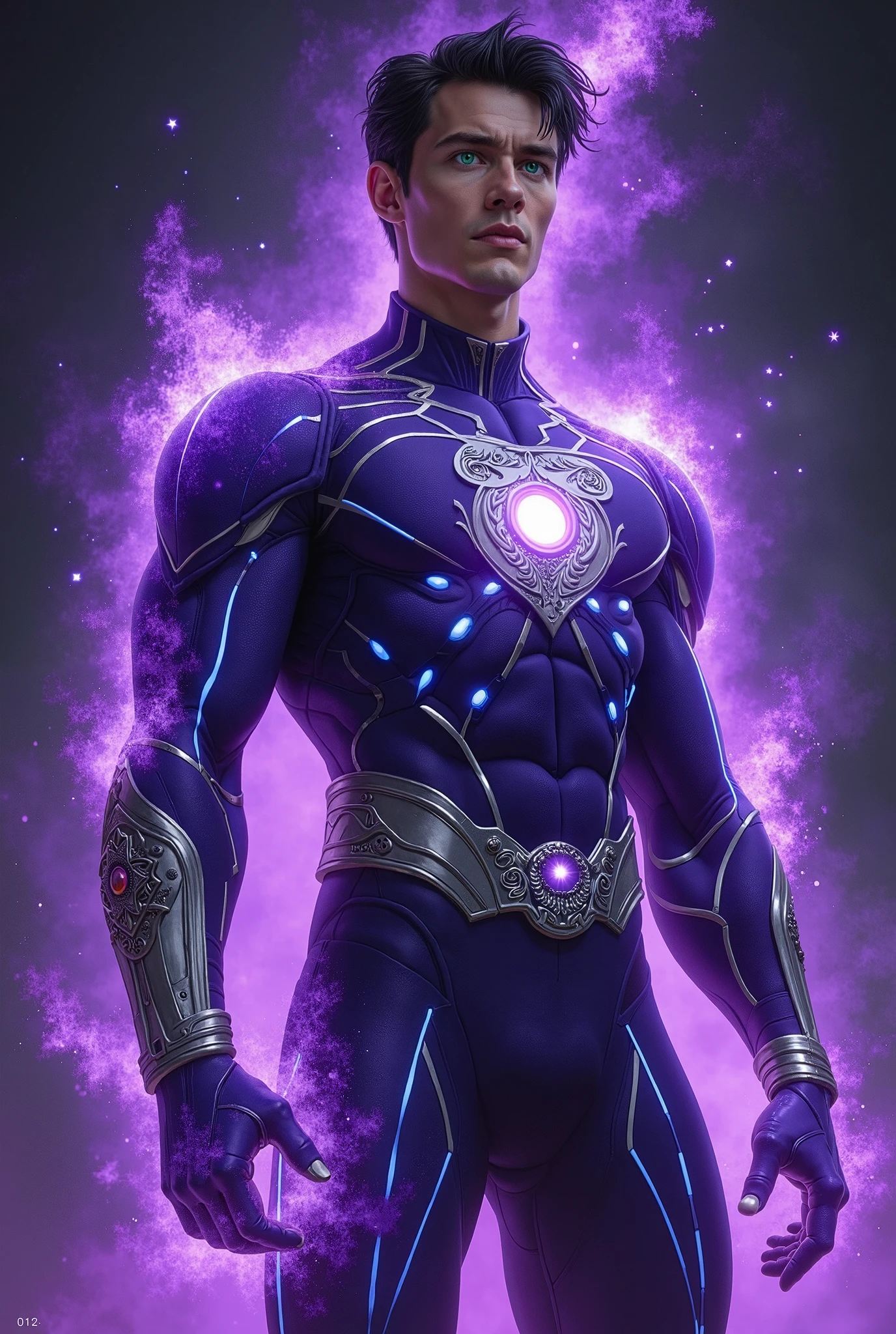 super-hero, ((male)), 25-year old man, short black hair, blue eyes, (black and pink costume), (levitating metal spheres:1.3), photorealistic, particle effects, raytracing, depth of field, ((2 steel discs on chest))