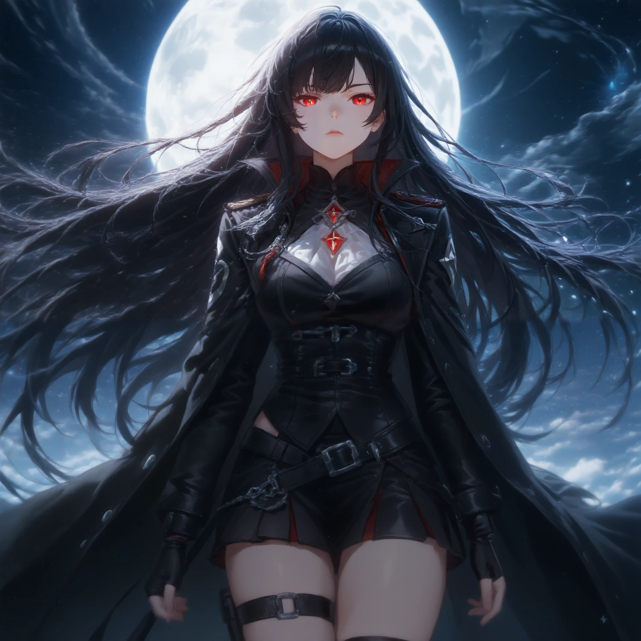 긴 dark hair과 빨간 눈을 가진 애니메이션 소녀가 보름달 앞에 서 있다, Nightcore, 4k animation wallpaper , animated style 4k , animated wallpaper 4k , animated wallpaper 4k , Animated Art Wallpaper 4k , Animated Art Wallpaper 4k , Anime art wallpaper 4k , hd animated wallpapers, Ark Knights, black uniform, Expressionless, red eyes, dark hair, bare thighs, thigh strap