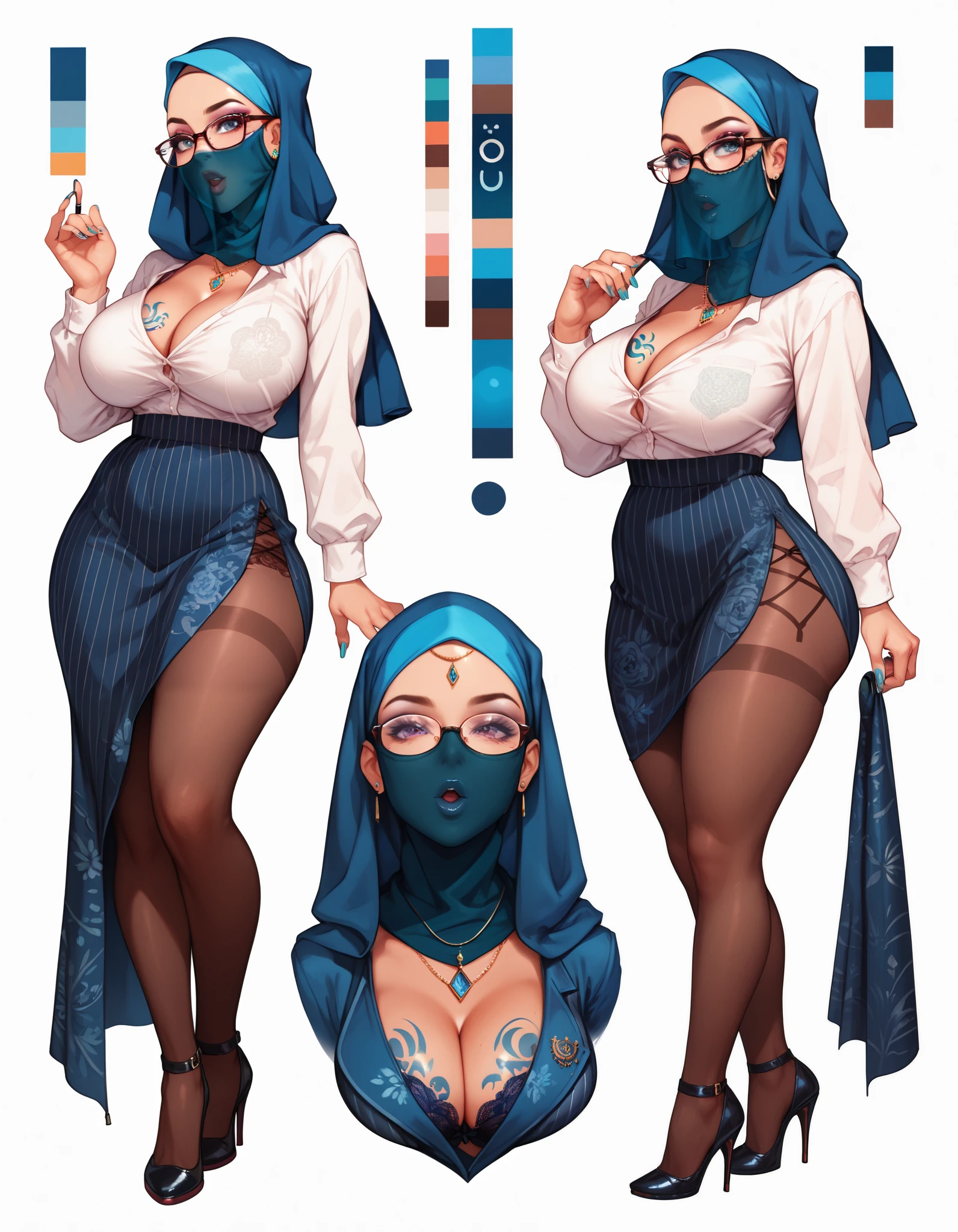 1 woman, solo, headscarf, Hijab, pvc corset, stocking, high heel, brown eyes, looking at viewer, fantasy art, epic exquisite character art, stunning characters, (reference sheet:1.5)