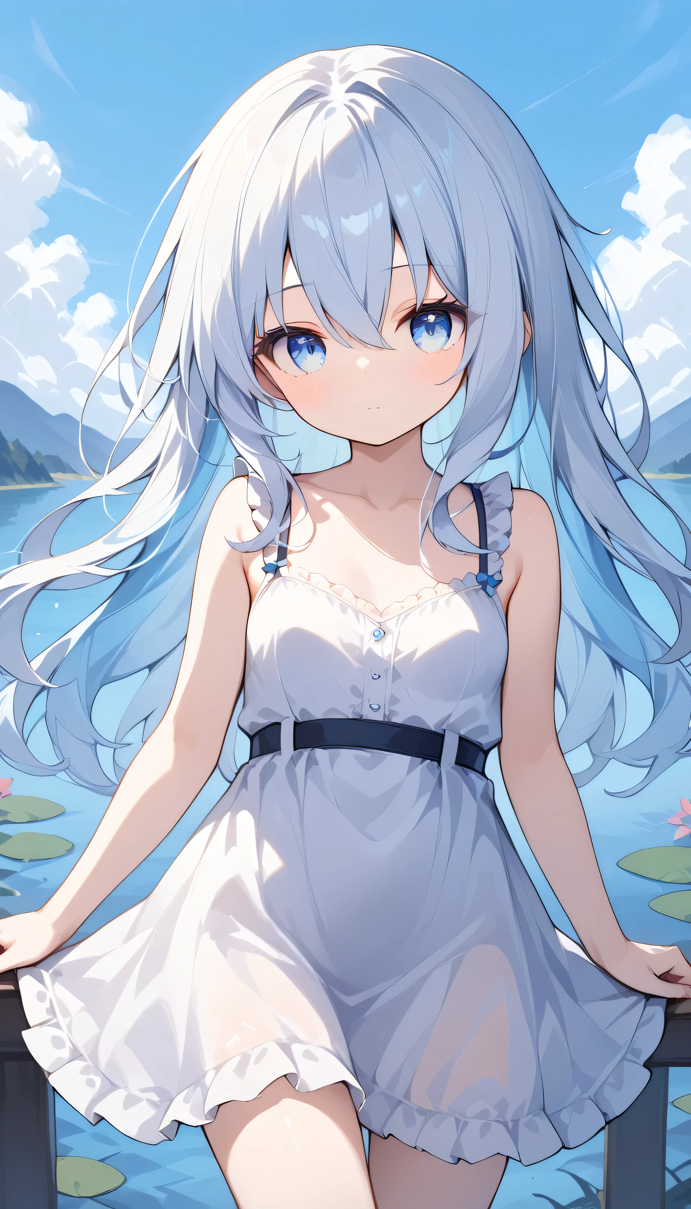 hibikikc , long hair, White hair, blue eyes small breasts petite body 1 girl, Alone, eyebrows visible from inside hair , hair between eyes, watches viewers, masterpiece, top quality, very aesthetic, light blue inner hair, multicolored hair simple dress Outdoors blue sky lake