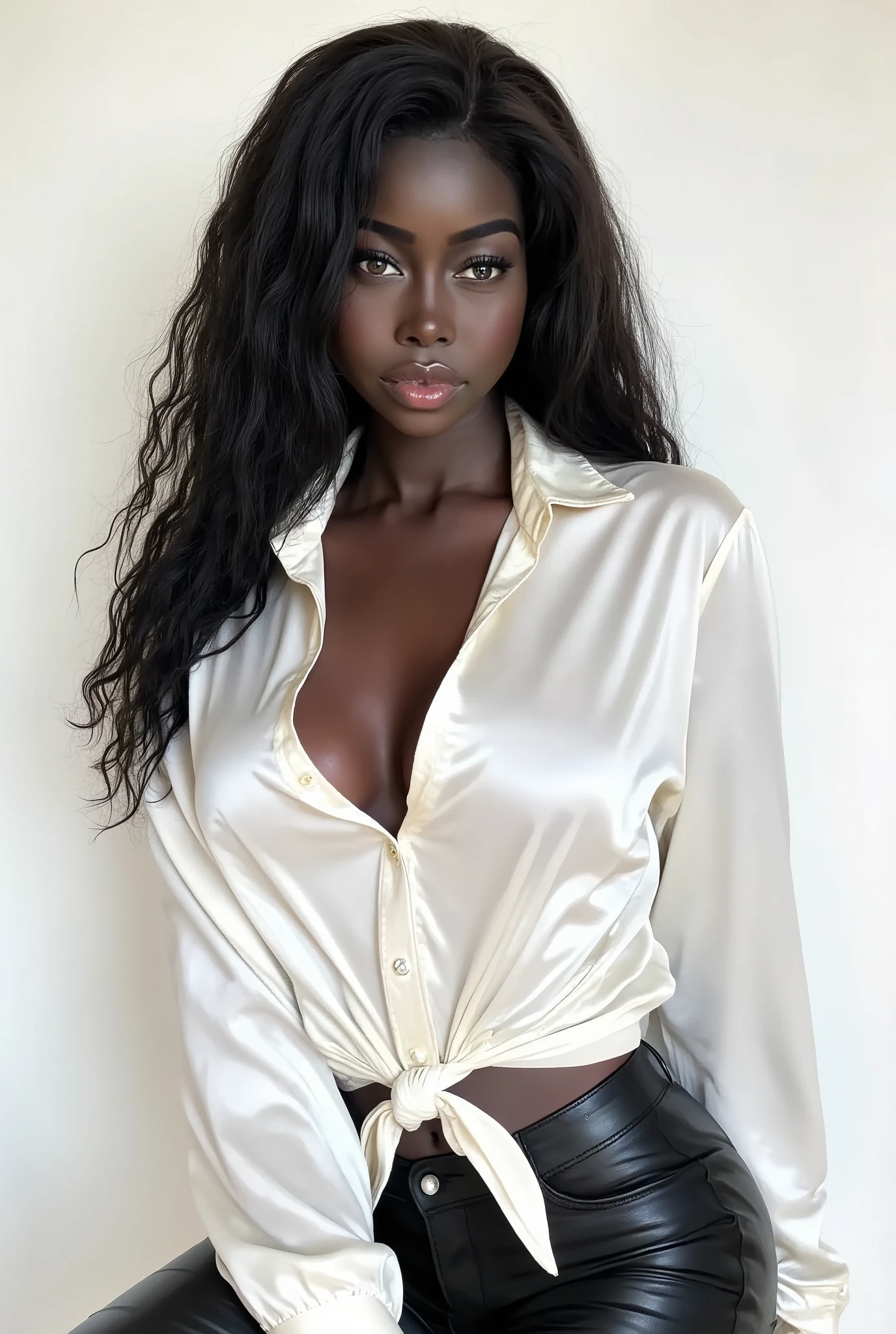 side profile image of Nyla Lueeth, American-Sudanese model with a low-cut shiny white satin button down shirt, cleavage, black leather pants, seductive, white studio background