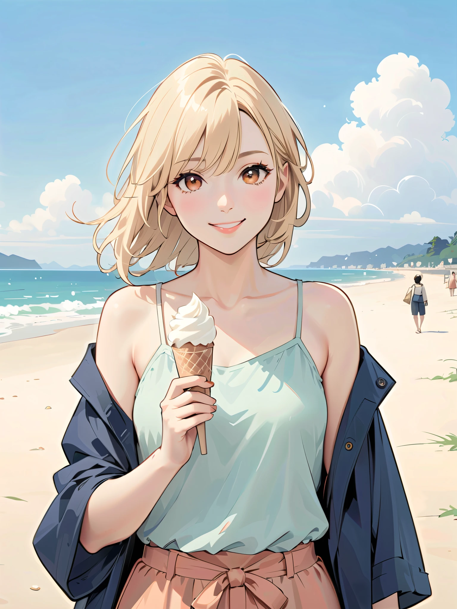Santiago Carso style , Alessandro Gottardo's Style, flat coating , (( best quality)), illustration, Eva Poklevska as Mike Azevedo=Gojewo,Cartoon doodles , standing on the beach 、 White Clouds , 30 years old, japanese, casual wear, one woman, camisole, upper body, medium sized bust, smile, painting, painting style, holding icecream,