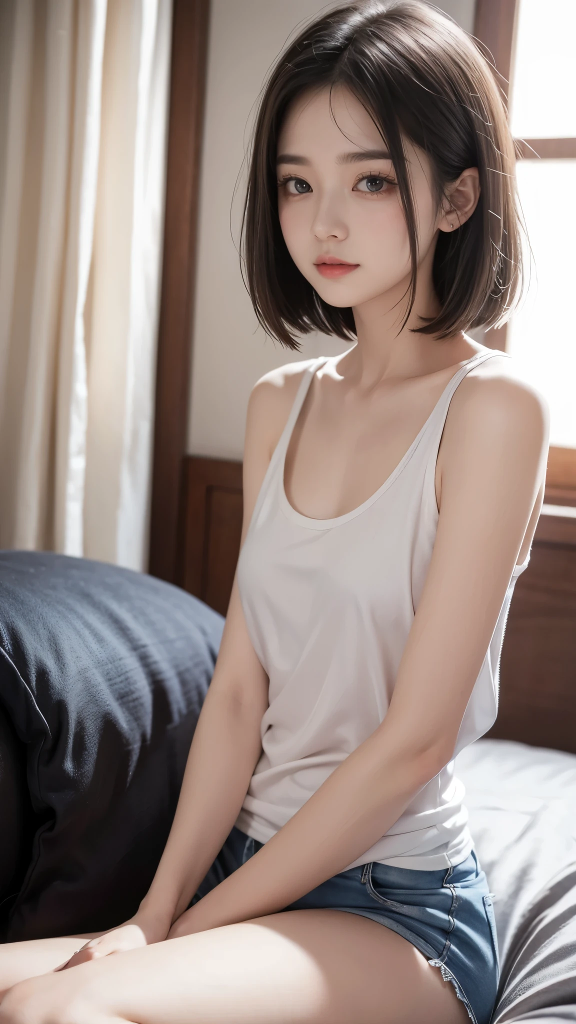 (Sillamäe:1.5), A slender, masterpiece, top-quality, Raw foto, Photorealsitic, faces, Incredibly absurd, beautiful a girl, cute little,Shorthair with bangs、Short messy hair, depth of fields, hight resolution, ultra-detailliert, finely detail, ighly detailed, extremely detailed eye and face, Sharp pupils, Realistic pupils, foco nítido, Cinematic lighting,White panties are visible from the skirt、20 years girl、There is nothing inside the camisole、Put your butt back on camera、Only the face is looking back at the camera、Sit on your feet with your knees bent、Sit with your knees facing up、White silk camisole、White silk panties、((tiny chest、straight flat chest、Chest without bulge))、tanned brown skin、sun burn、tanline、The crotch is bulging、From above、Southeast Asian skin color