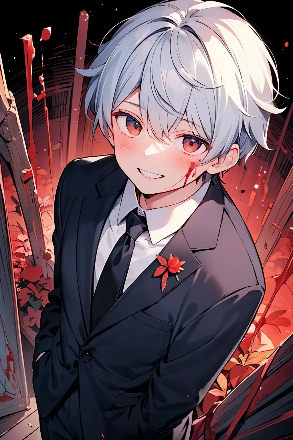 little boy, red eyes, white short wavy hair, cool boy, handsome boy. sadistic smile