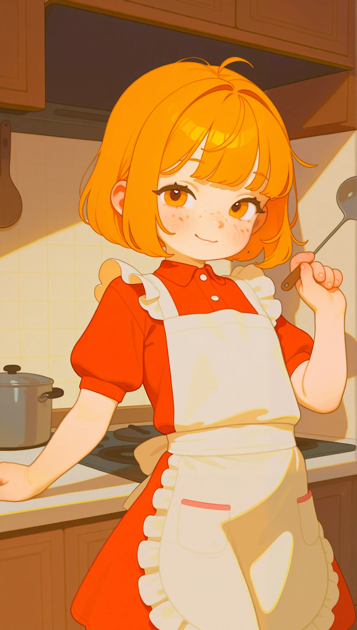 beautiful girl, classic bob, apron, incredible body, pronounced feminine feature, busty, kitchen, [ash blonde | ginger | mischievous smile], freckles, flirting with the Supervisor ,Opossumachine,(( 0,01% Alkemanubis))
