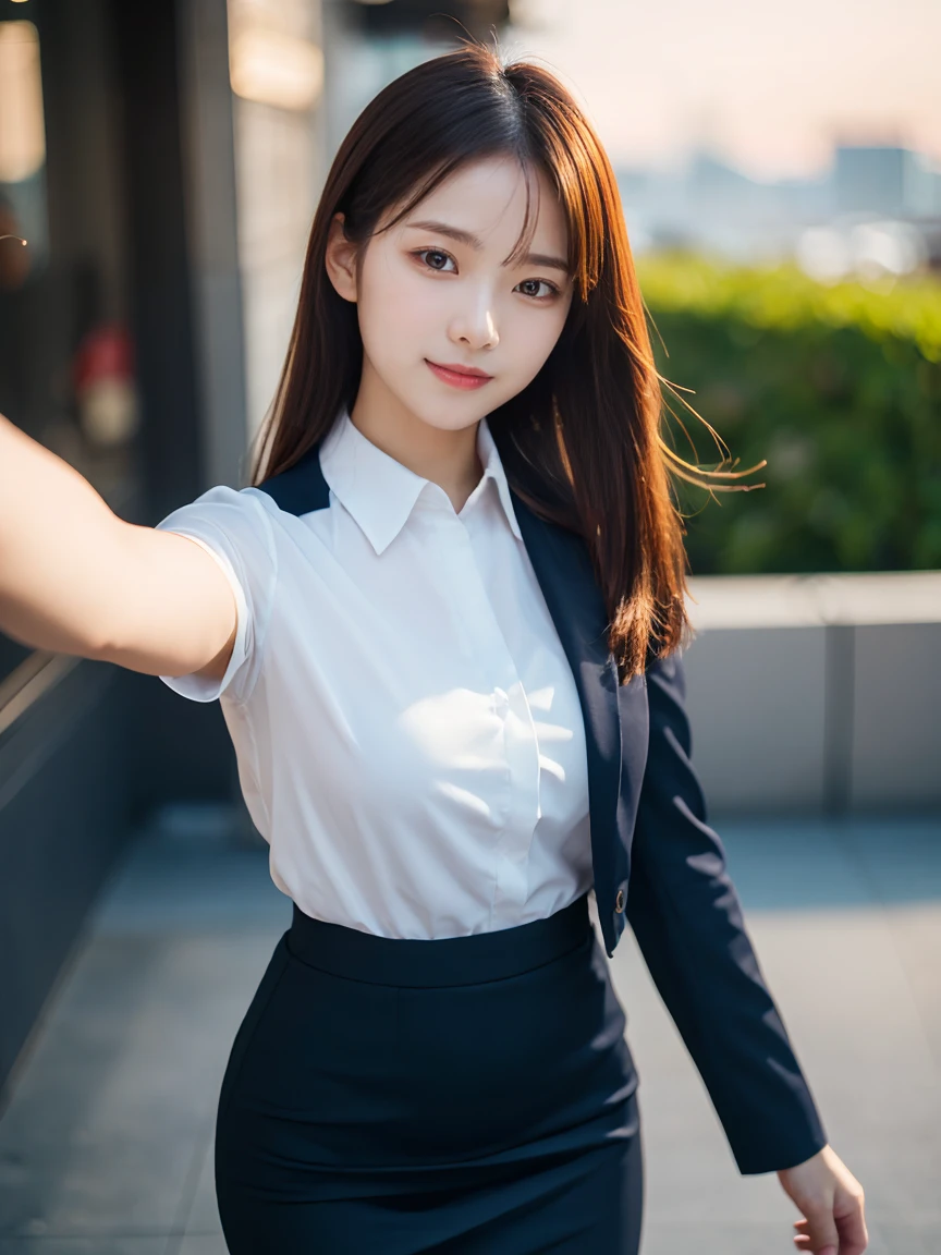 (1 Korean star with royal sister style), ((Best quality, 8K, Masterpiece: 1.3)), focal point: 1.2, Perfect body beauty: 1.4, (Smile), (Sunset: 1.3), Watery eyes, highly detailed face and skin textures, Fine eyes, Double eyelids, Whitens the skin, (Long hair, Air bangs: 1.3), (Round face: 1.5), (Uniform: 1.4), (standing on rooftop: 1.6),(Black stockings: 1.4),(film grain style:1.3),a sense of atmosphere