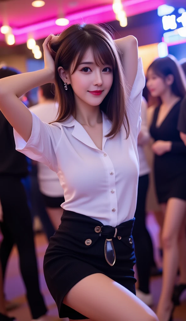 ８k、Top image quality、超A high resolution、​masterpiece、realisitic、Photorealsitic、highly contrast、photon maping、real picture、ultra-detailliert、1 girl in、full bodyesbian、Stage of the evening concert venue、KPOP idols、Dress like KPOP、A sexy、Fancy makeup、blazers:1.3、a short skirt:1.3、neck tie、The shirt:1.3、Raw feet、((Right foot high kick))、((Y-shaped leg))、Brown hair long hair、See-through wet white panties:1.5、Panties visible from under the skirt:1.3、huge tit
