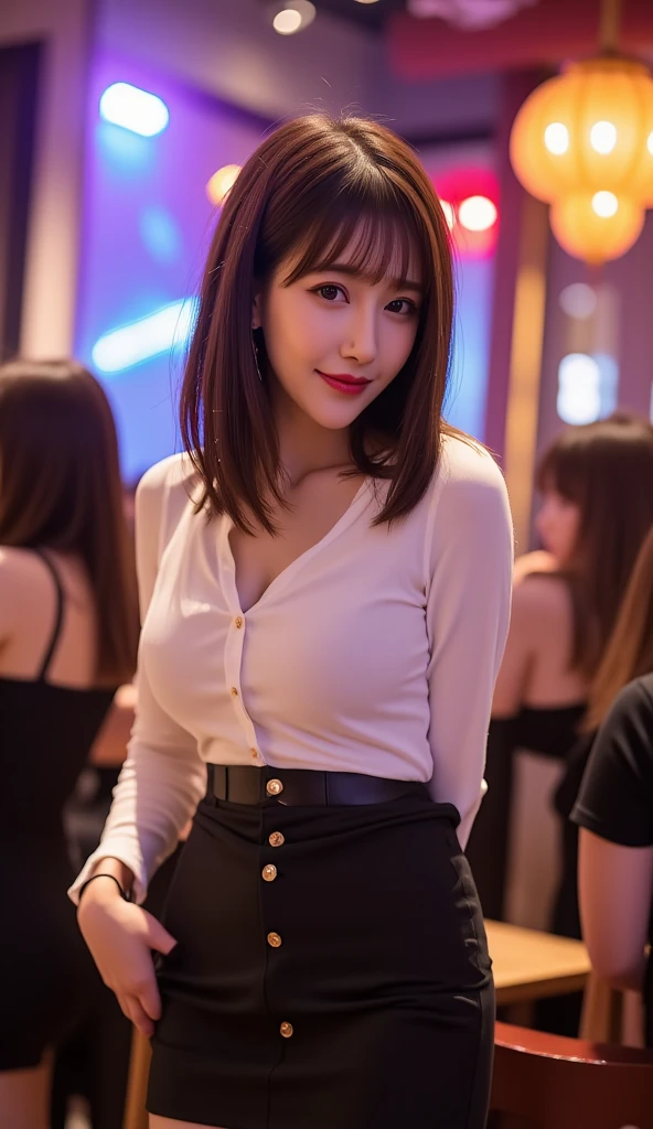Japanese female secretary, 1 girl, alone, ((((hair on shoulders)))), ((((brown hair)))), lip gloss, delicate, beautiful details, (fine eyes), beautiful clear eyes, Pupil details, ((smile)), 20-year-old, Detailed features of the wear, medium breasts,  (With confidence, Standing position:1.2),
in the street, ((white blouse)), cleavage, ((Gold miniskirt)), designer wallet, (Star Earrings:1.1),
high quality, High resolution, 8k, confused, masterpiece, photograph, (Kodak Ultra Max 800, 35mmフィルムロールphotograph,Fine skin texture, masterpiece,realistic facial skin), (Super detailed),professional lighting ,Physically based rendering,(最high quality), (best shadow), 
(business district:1.1), very detailed, camera angle, from below:1.2, Low - Angle:1.2, (At night), ((Dancing in clubs:1.2)),