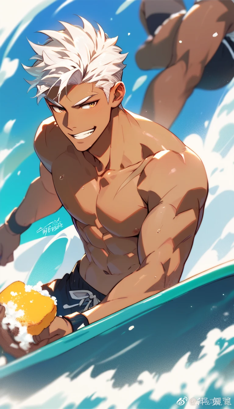 best quality, masterpiece, anime art style, athletic and tall 18 year old boy, freckles, very messy blond hair, big glasses, shy, wearing diving suit and holding a surfboard, collar on the neck, at the beach, lifts up tshirt, pulls down speedos, pubic hair, exposed penis, erection, sexy, gay, homoerotic, perfection, in a park, no watermark, no logo, no signature